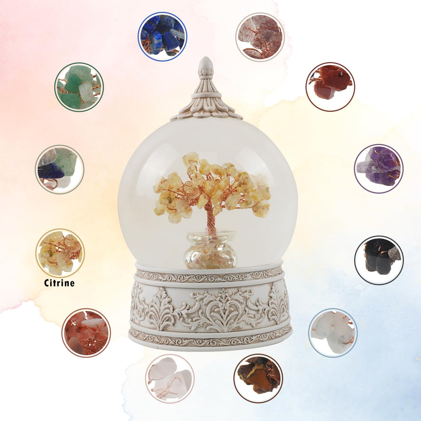 Citrine Jasper Healing Crystal Tree Globe with Colorful Lights and Sparkling Glitter, Natural Gemstone Base, Spiritual Meditation, Positive Energy Good Luck, Home Decor, Birthday Gifts (Citrine)