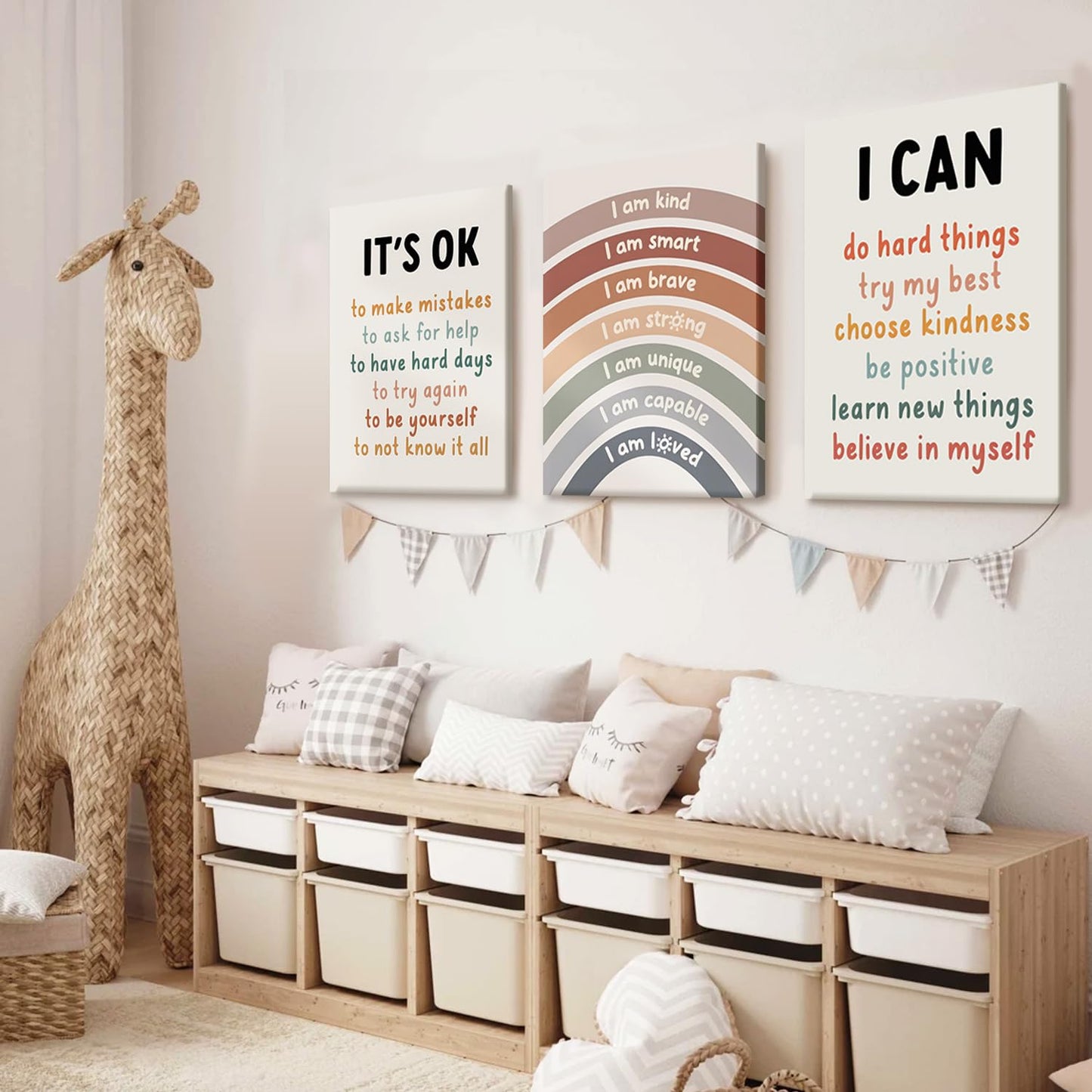 RUMSICH 3-Pcs Children's Motivational Quotes Canvas Framed Wall Art: I am Kind and Brave Wall Decor Artwork with Positive Affirmations Poster Print for Baby Room/Toddler Room Decoration16 x 24 inch