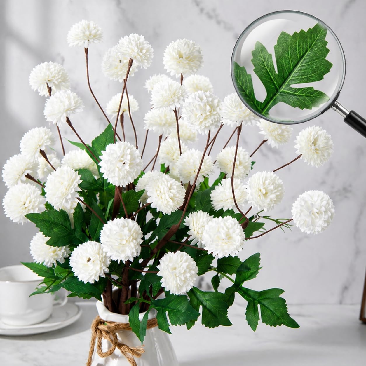 Voqoza 10 Pcs Fake Kiku White Flowers for Vase, Artificial Small Chrysanthemums Balls with Stem Faux Mini Silk Pompon Mums Floral Arrangements DIY Bouquets Wedding Party Table Centerpieces Home Decor.
