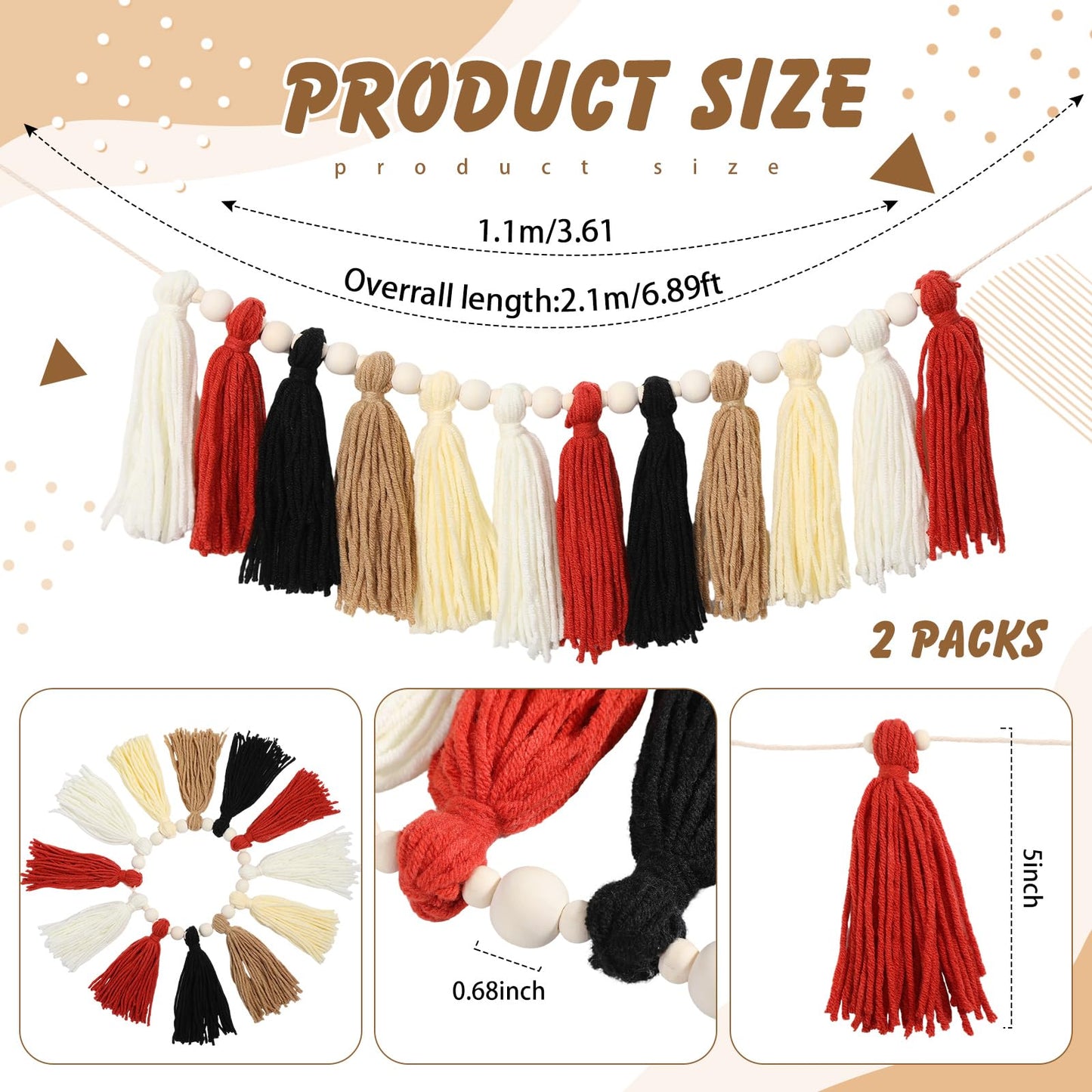 Suncalla 2 Pcs Tassel Garland with Wood Beads, 6.89 ft Handmade Cotton Yarn Wall Hanging Banner Boho Tassel Wall Party Decor for Nursery Baby Shower Classroom Birthday Home Decoration(Retro)