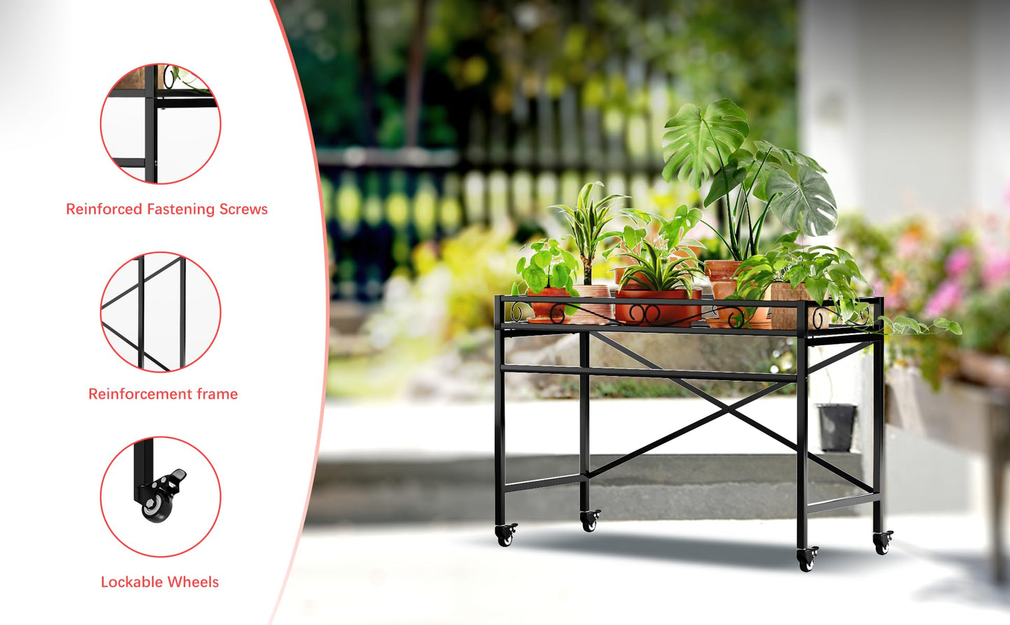Zhongma Window Height Sturdy Metal Plant Stand with Wheels, 36.6 x 16 x 26.2 in High, Heavy Duty Succulent Shelf for Home Indoor and Outdoor, 220 LBS Capacity & Heavy Duty Construction