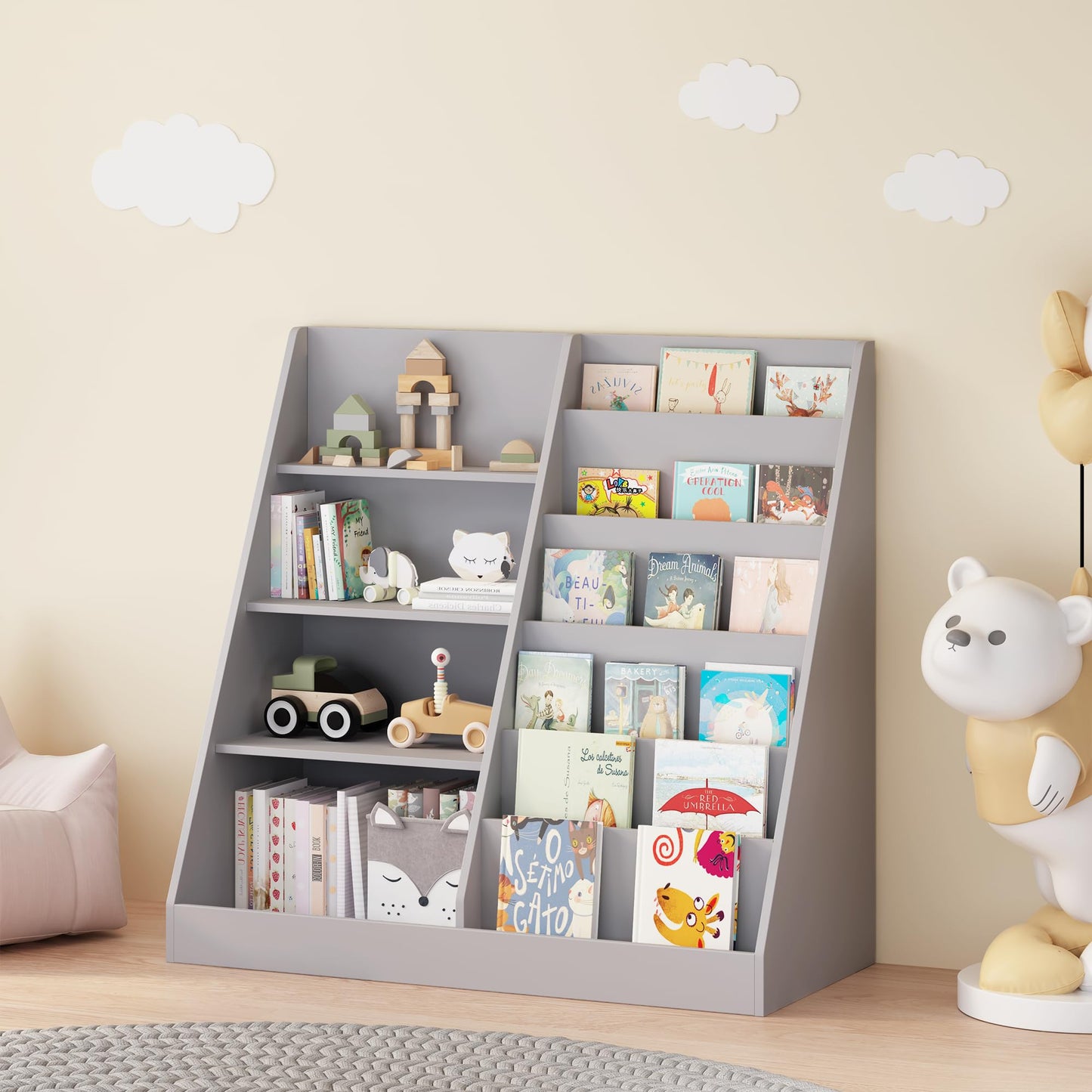 Ball & Cast Kids Bookshelf and Toy Storage,Toy Organizer W/ 4 Tier Kids Book Shelf,Toddler Montessori Bookshelf W/ 6 Layer Sling Children Bookcase,Wooden Display BookRack for Nursery Playroom,Gray