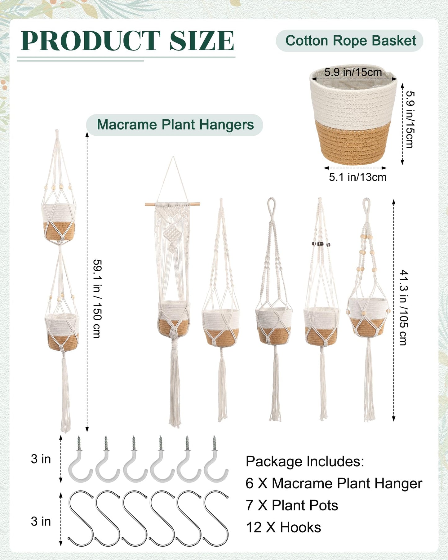 Janinka 7 Pack Hanging Planter Basket Set, Cotton Rope Macrame Woven Plant Hanger, Indoor Plant Boho Hanger Basket, Hanging Wall Plants Flower Pots with Hooks for Outdoor Home Decorations