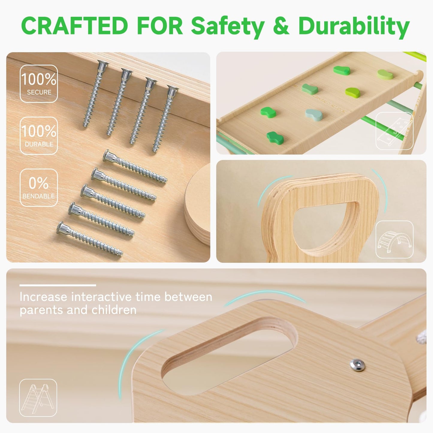 ZippyZebra Large pikler Triangle Set with Cushion，7 in 1 Foldable Baby Jungle Gym with Ramp & Arch，Wooden Montessori Toddler Climbing Toys Indoor for Toddlers 1-6 Year Old (Green)