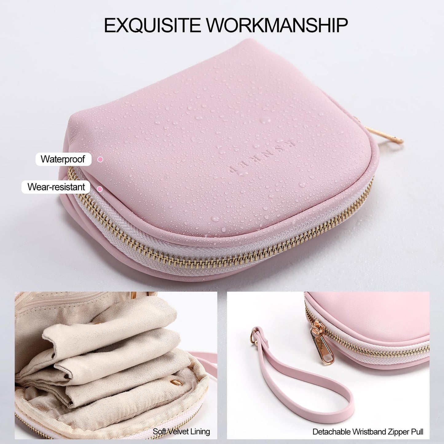 RSNREP Small Travel Jewelry Organizer Storage Pouch - Velvet Mini Travel Jewelry Case for Women, Compact Zipper Bag for Bracelets, Rings, Earrings Essential Travel Accessory Gift (pink)