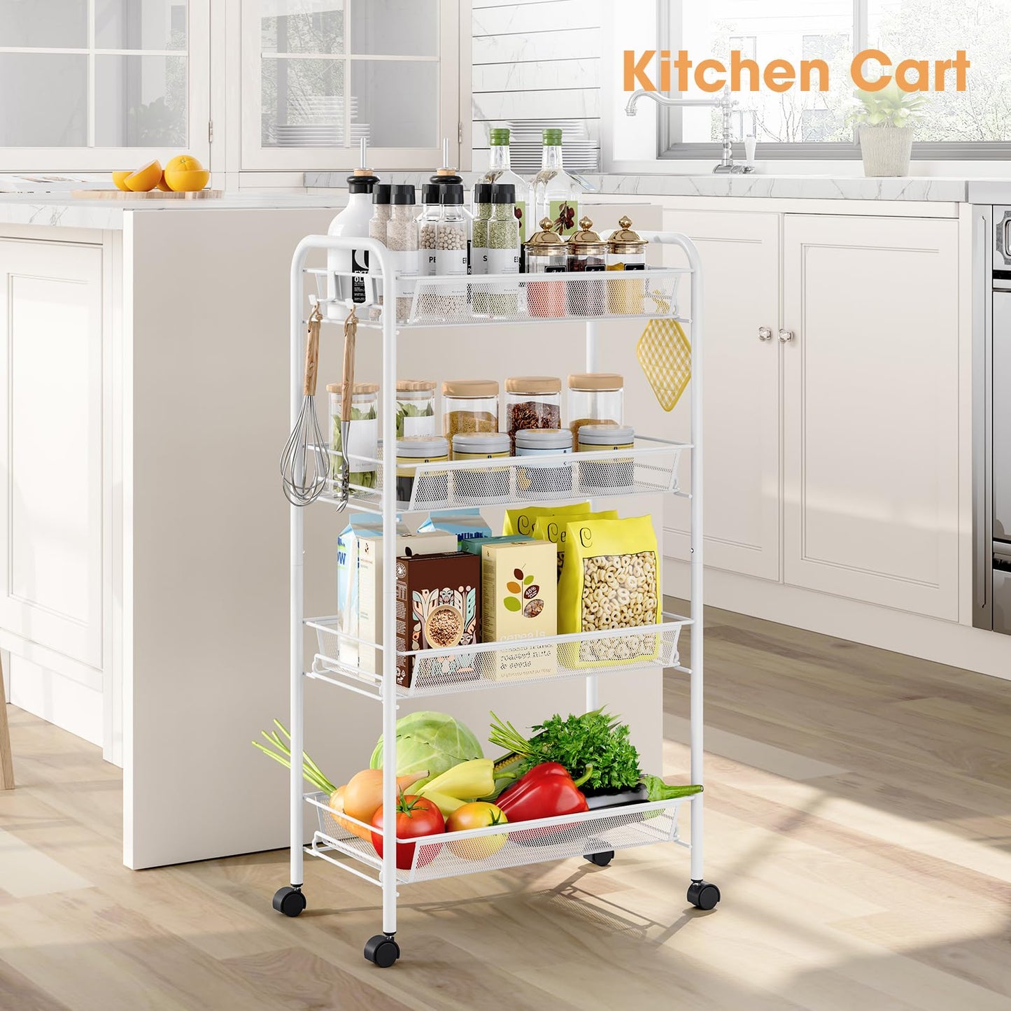 TOOLF 4-Tier Rolling Cart, Metal Utility Cart with 3 Hooks, Easy Assemble Mobile Storage Trolley On Wheels, Metal Shelving Units Kitchen Bathroom Laundry Room