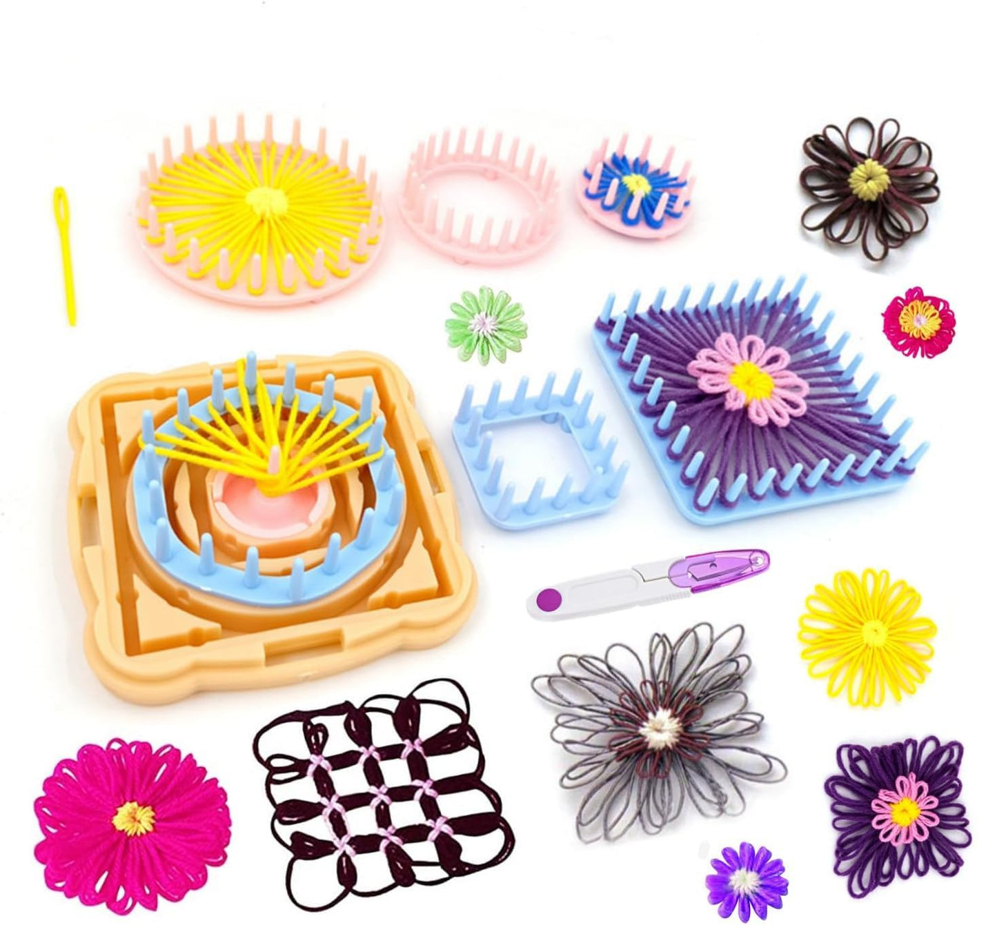 Ayasee Weaving Loom Kit, Flower Knitting Loom Kit, Frame Looms, Knitting Wool, Round/Square Knitting Looms Craft Kit Multi Color (Flower Maker + Pom Maker + Yarn)