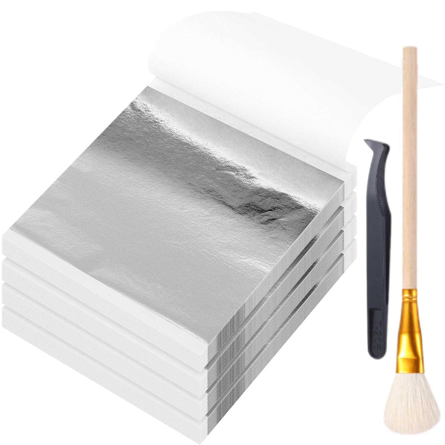 Maitys 400 Pcs Imitation Gold Leaf Sheet, for Art Silver Foil Sheet Set with Brush and Nipper for Painting Gilding Picture Frame Sculpture DIY Craft Decoration Furniture, 3.5 x 3.5 Inches(Silver)