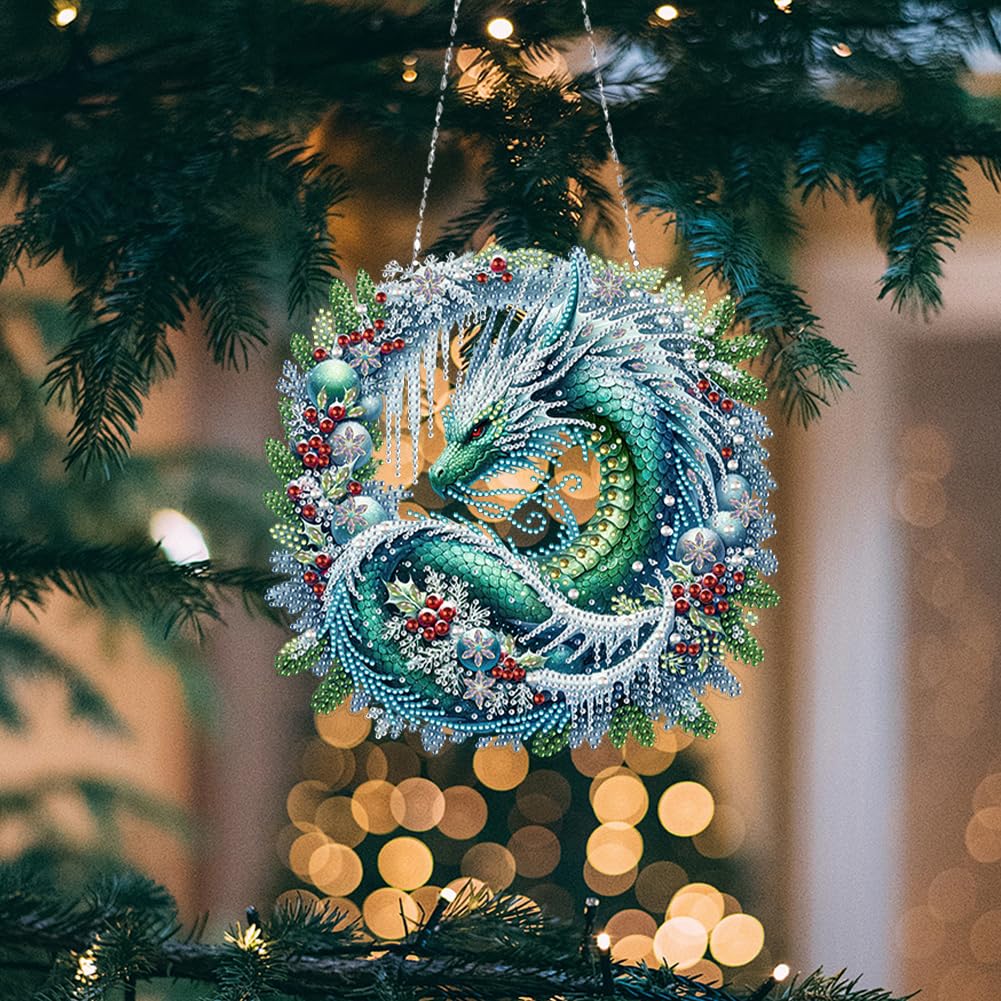 5D Diamond Art Painting Kits Hanging Pendant Dragon Wreath, DIY Crystal Art Hanging Sign Special Shaped Gem Art Ornament Kit for Home Décor and Gift, Double Sided, Box Package