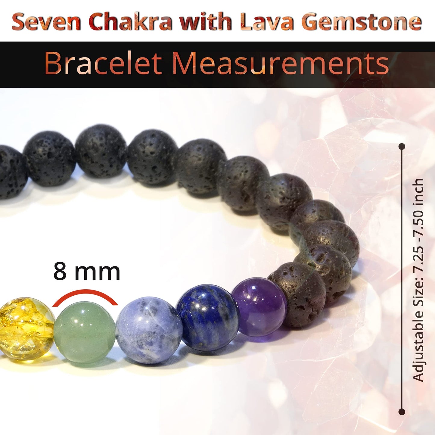 ANAYA AGATE Lava Rock 7 Chakra Bracelet, Natural Healing Crystal Bracelet for Women and Men, 8mm Round Beaded Bracelet for Spiritual , Protection, Positive Energy, Elastic Adjustable Size Gemstone Bead Bracelet