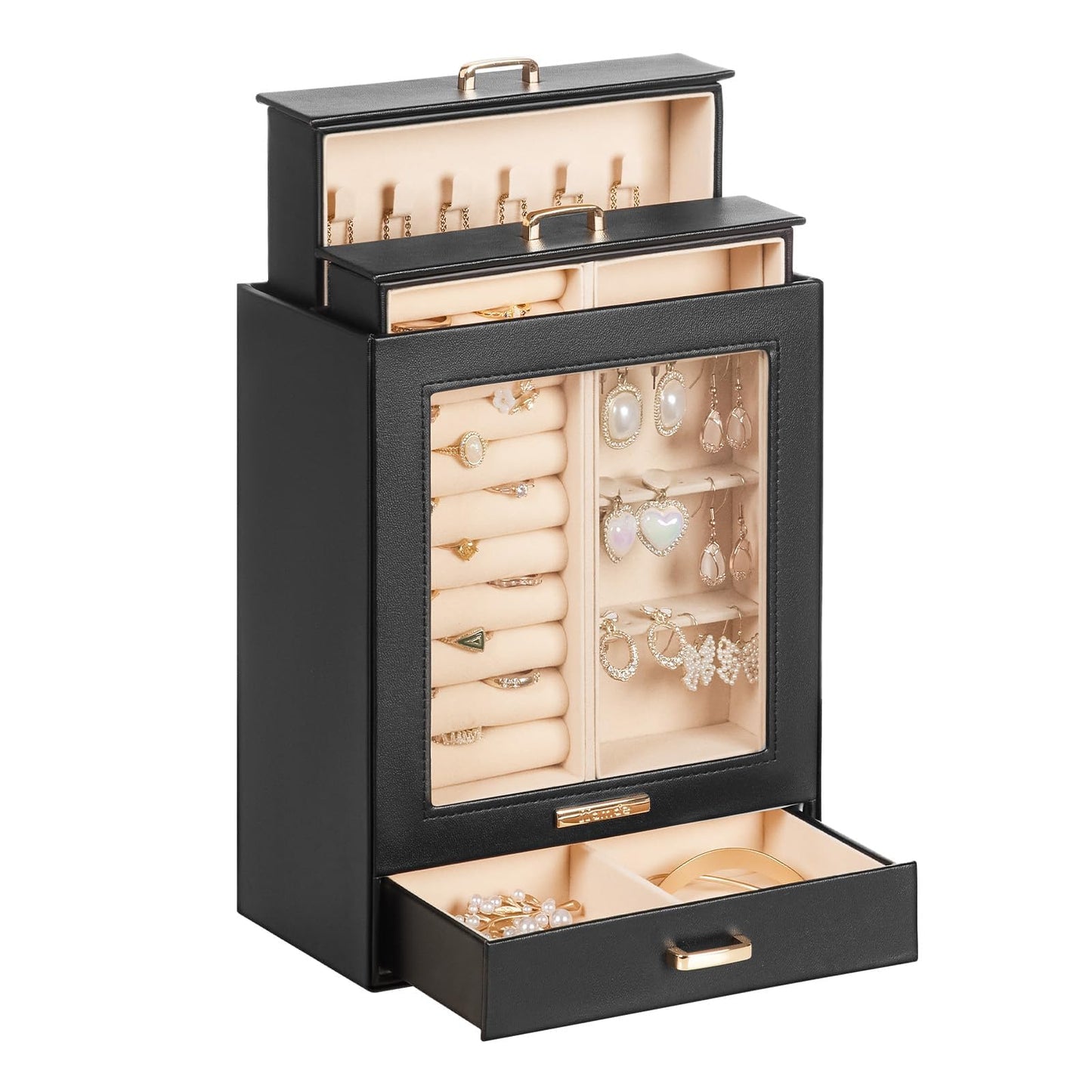 Homde Mothers Day Gifts Jewelry Organizer Girls Women Jewelry Box for Necklaces Rings Earrings Gift Bracelets Storage Case (Black + Gold)