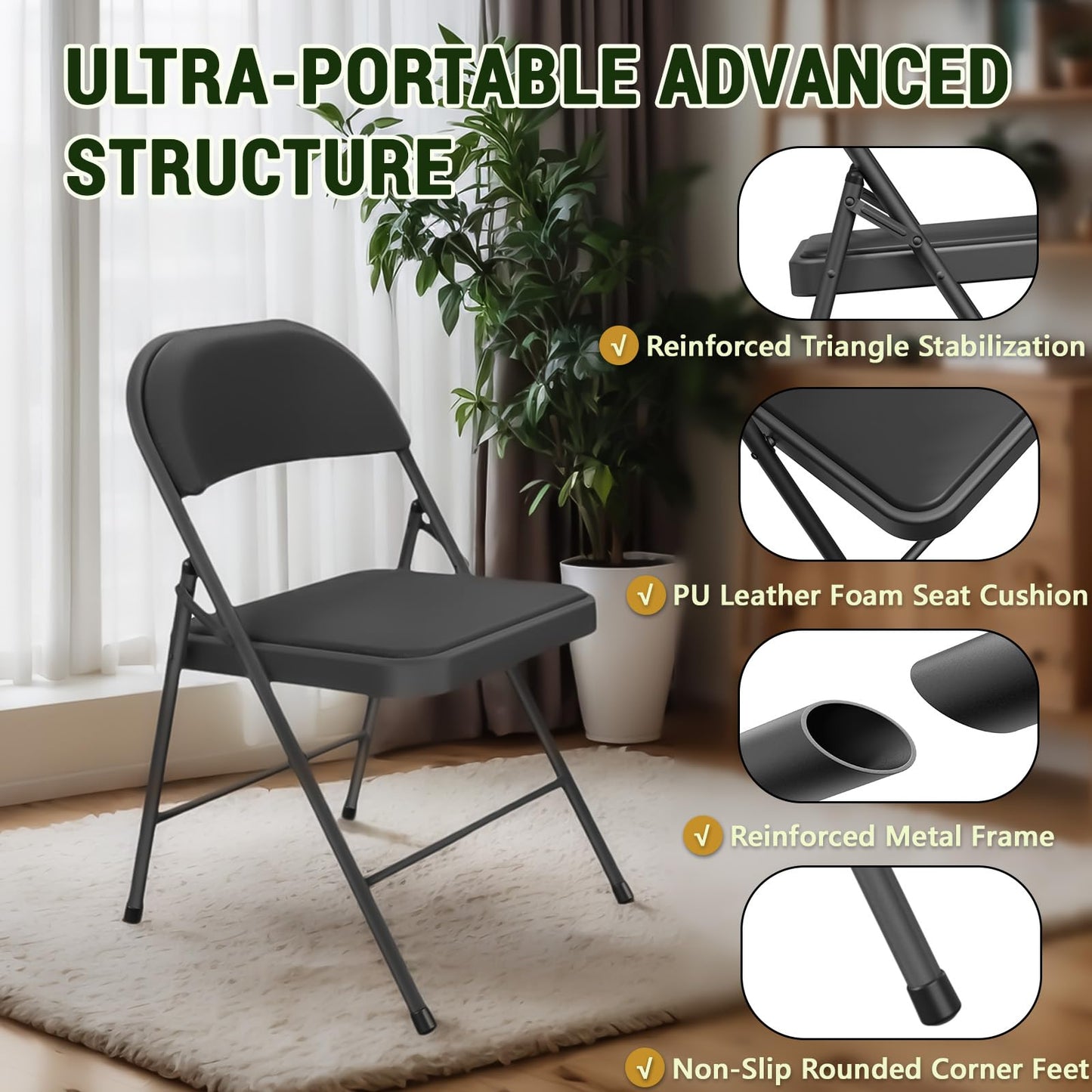 FurniEdge Padded Folding Chairs 4 Pack, PU Leather Folding Chairs for Outside and Indoor, Heavy Duty Portable Foldable Metal Chairs for Home Office, Dorm, Party, Backyard, Patio, Black