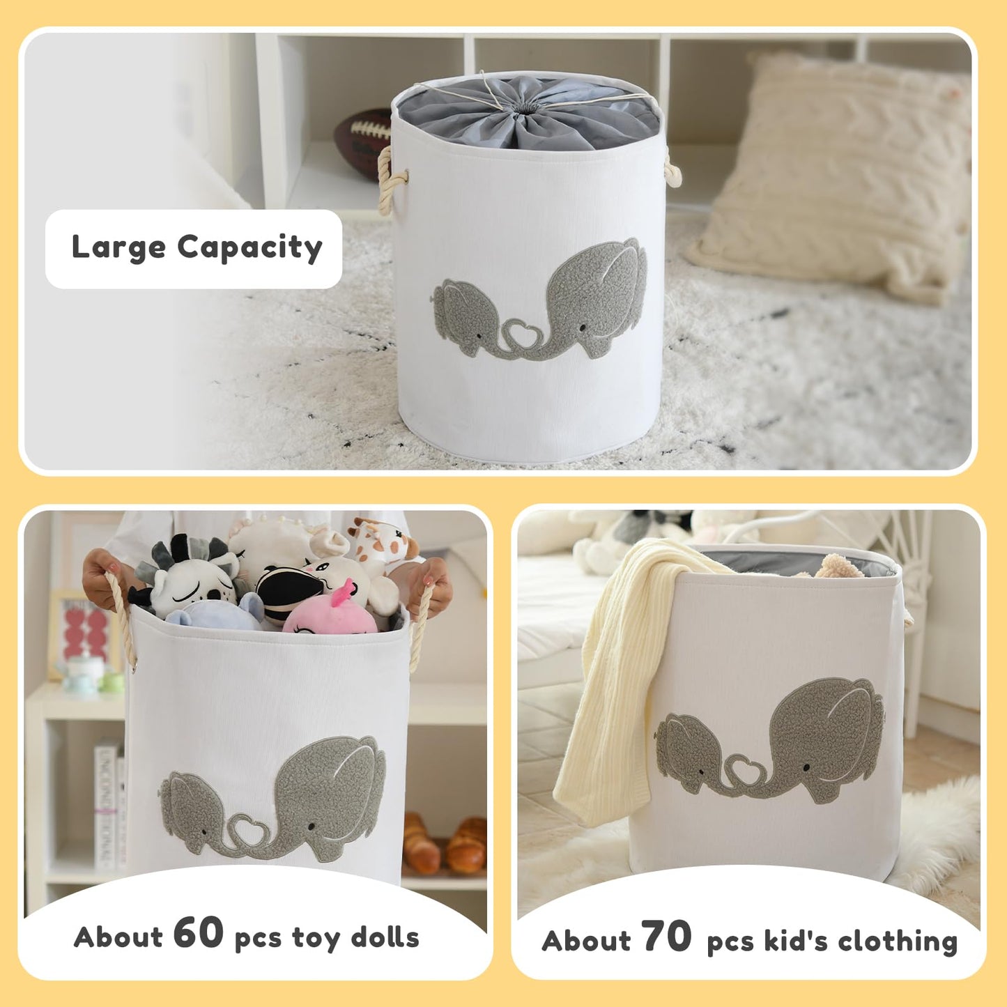 INough Baby Hamper Extra Large Nursery Hamper, 58L Kids Toys Basket Laundry Basket for Baby's Dirty Clothes Collapsible Storage Basket Canvas Clothes Hamper Toy Box Dorm Room Essentials for College