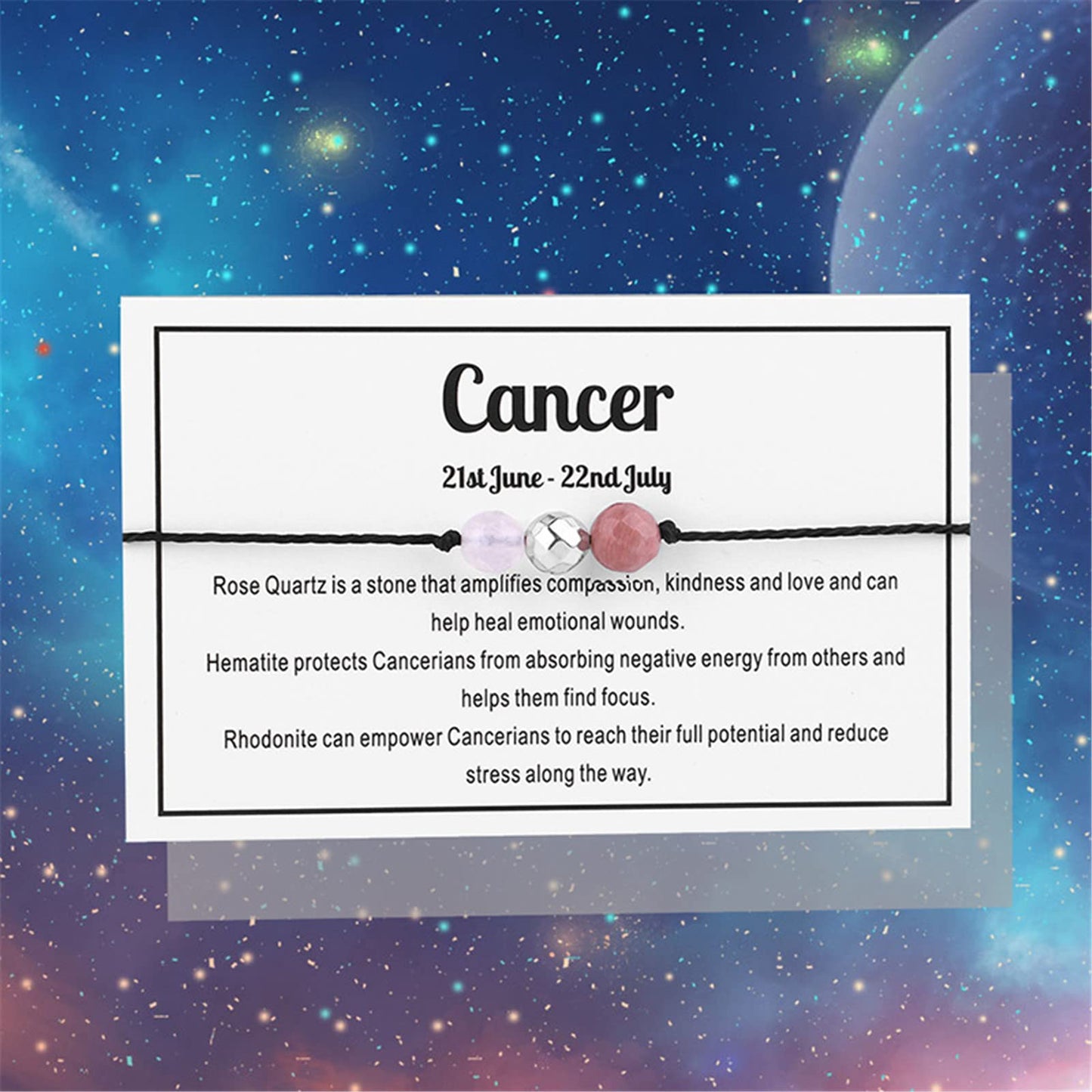 Caiyao 12Constellation Natural Stone Bead Chakra Bracelet Women Men Adjustable Braide String Rope Zodiac Crystal Cord Gemstone Bracelet Yoga Meditation Jewelry Gift-D Cancer