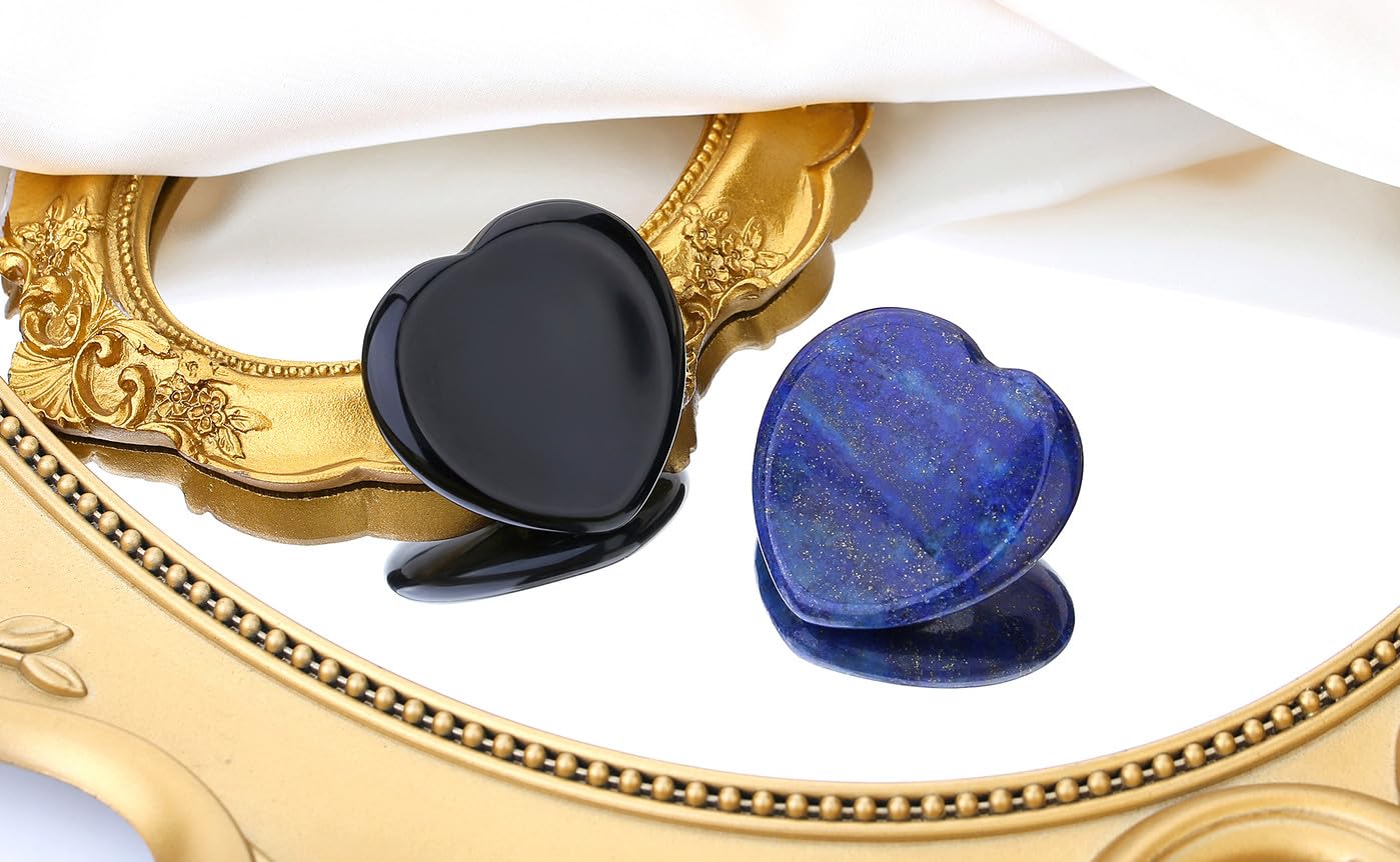 QINJIEJIE 2PCS Worry Stones for Anxiety Lapis Lazuli Black Obsidian Crystals Thumb Heart Crystal Palm Polished Gemstone Pocket Massage Natural Gem Stress Relief Item Reiki Meditation Gift for Women