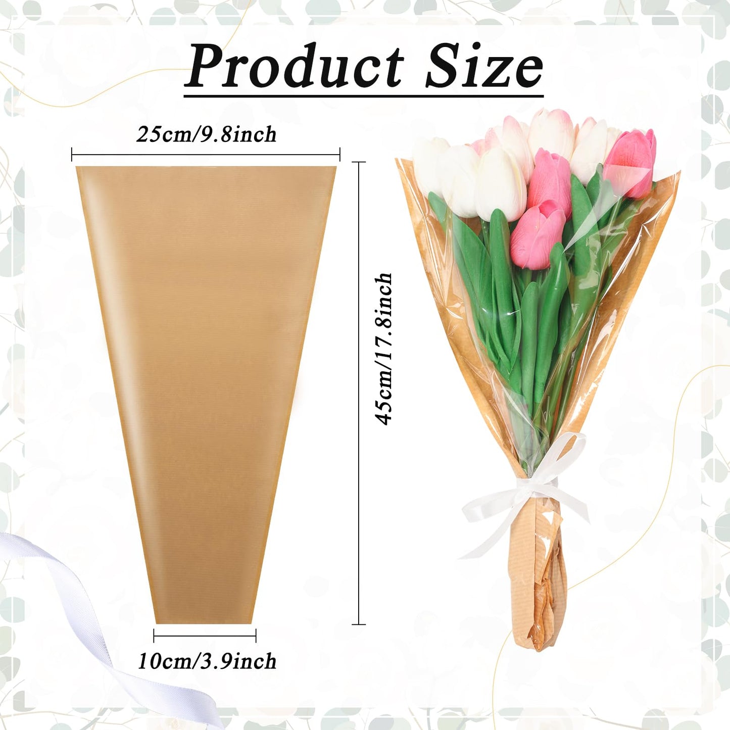 Kosotody 50Pcs Flower Bags for Bouquets,Flower Packing Kraft Paper Sleeves with Ribbons for Florist Supplies Wedding BirthdayMother's Day, 9.8x3.9x17.9 Inches