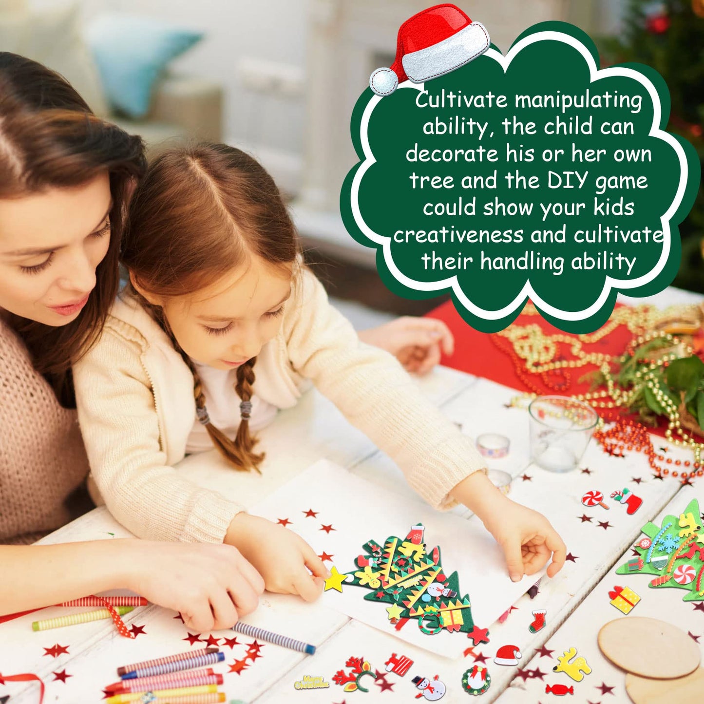 Tatuo DIY Felt Christmas Tree and Ornaments Felt Kids Party Favors Stickers for Kids Home Door Wall Hanging Christmas Tree Craft Decorations (36)