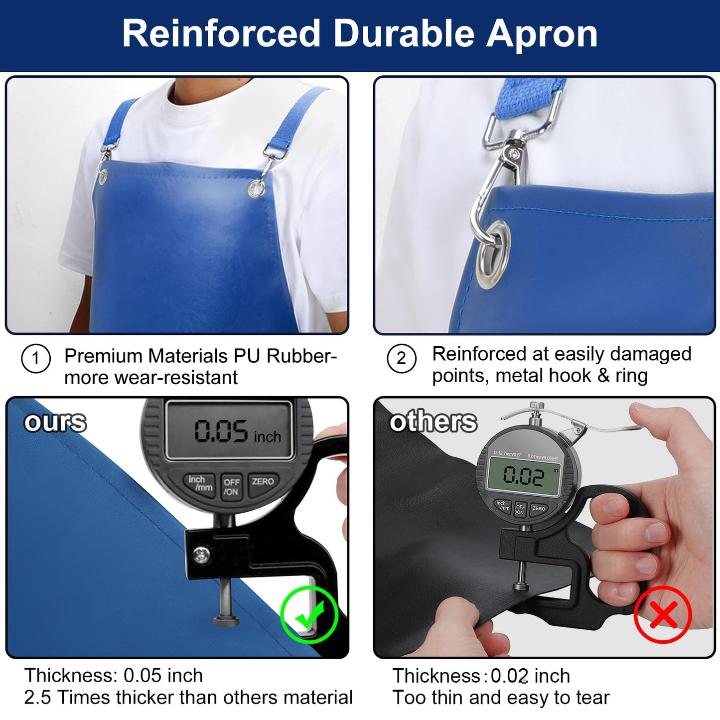 SHEOMERN Heavy Duty Vinyl Industrial Anti-Tear Apron, 43" x 26" Waterproof, Chemical Resistant, Blue, Unisex-Adults