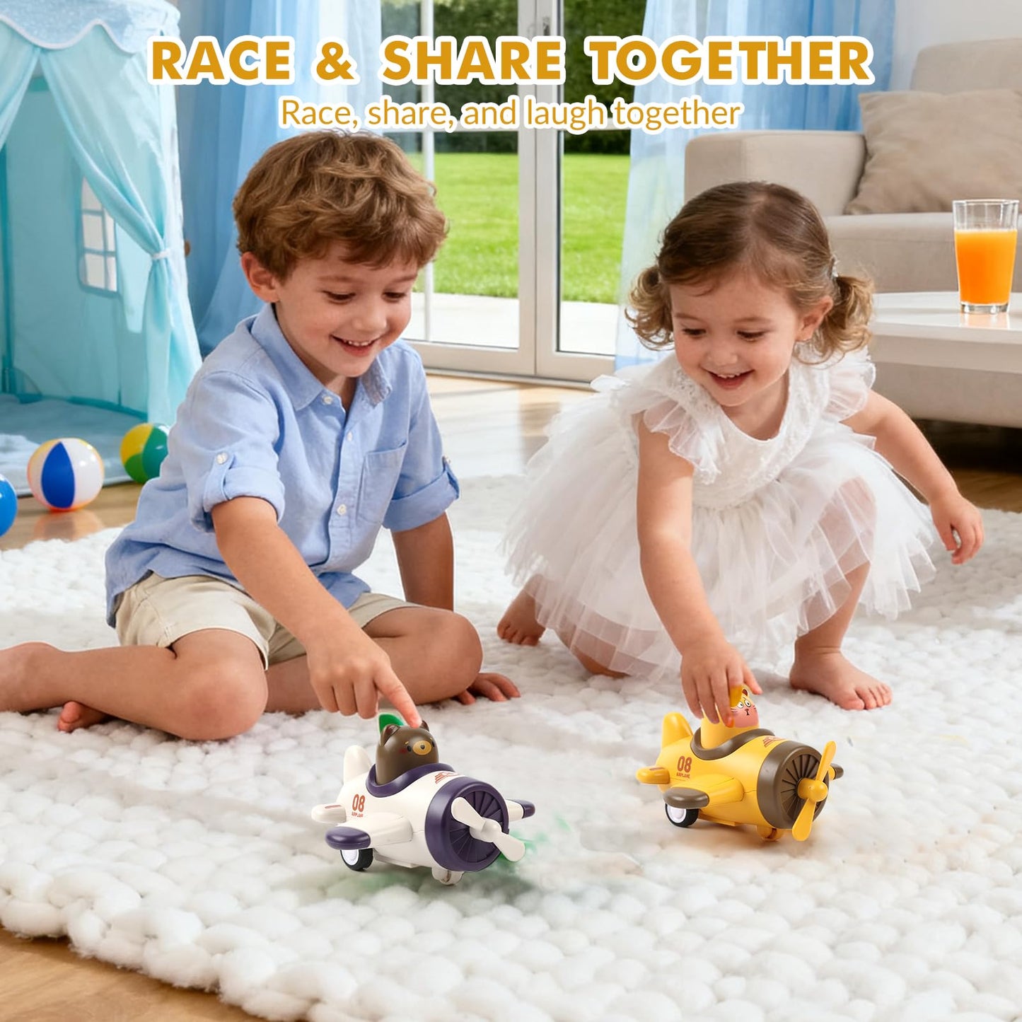 Airplane Toy Cars for Toddlers 1-3 – 4 Pack Press and Go Baby Car Toys, Push Airplanes with Rotating Propellers & Animal Drivers, Safe ABS Friction Cars for Indoor Outdoor Play, Gift for Boys Girls