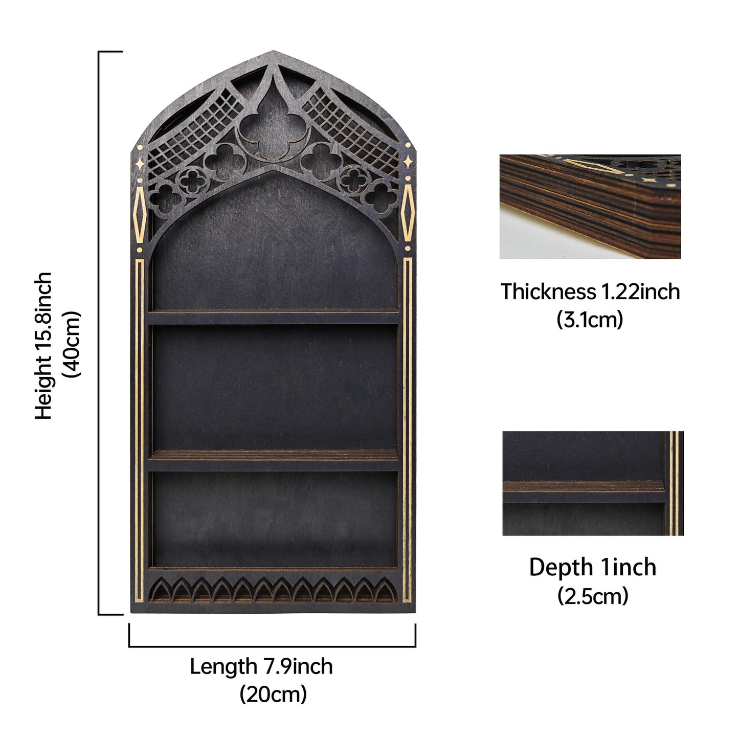 Gothic Window Crystal Shelf Display for Wall, Wooden Gem Stone Rock Storage Holder Trinkets Organizer, Wall Mount Stand Case Box for Witch Wiccan Decor, Spiritual Gift for Home Bedroom Living Room