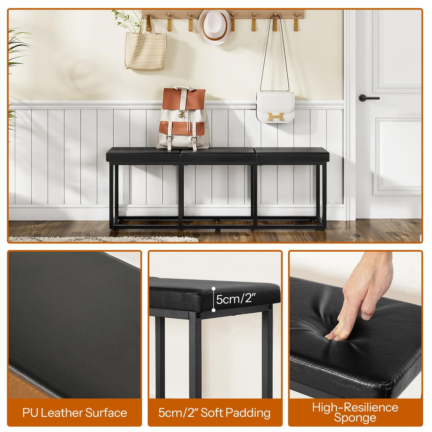 HOOBRO Dining Bench, Dining Room Bench with PU Leather Upholstered Seat, for Kitchen, Living Room, Hallway, Kitchen, Entryway, Bedroom, Black BB46CD01