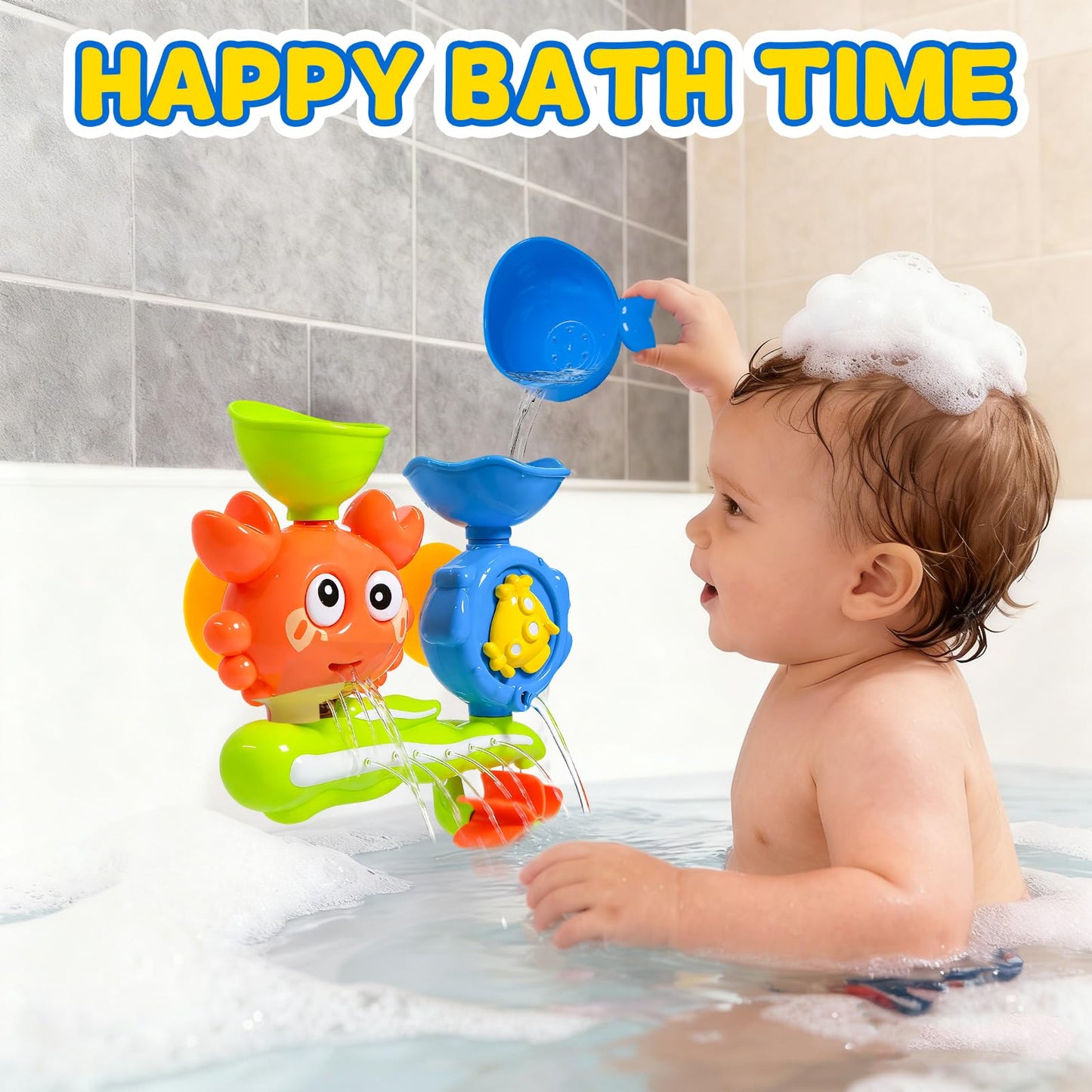 Bath Toys for Toddlers 1-3, Crab Water Wheel Bathtub Toys with 2 Suction Cups, Baby Shower Toys with Spinning Waterfall & Water Scoop, Bathroom Pool Toys for Kids Ages 1+ Year Old Boys Girls Gifts