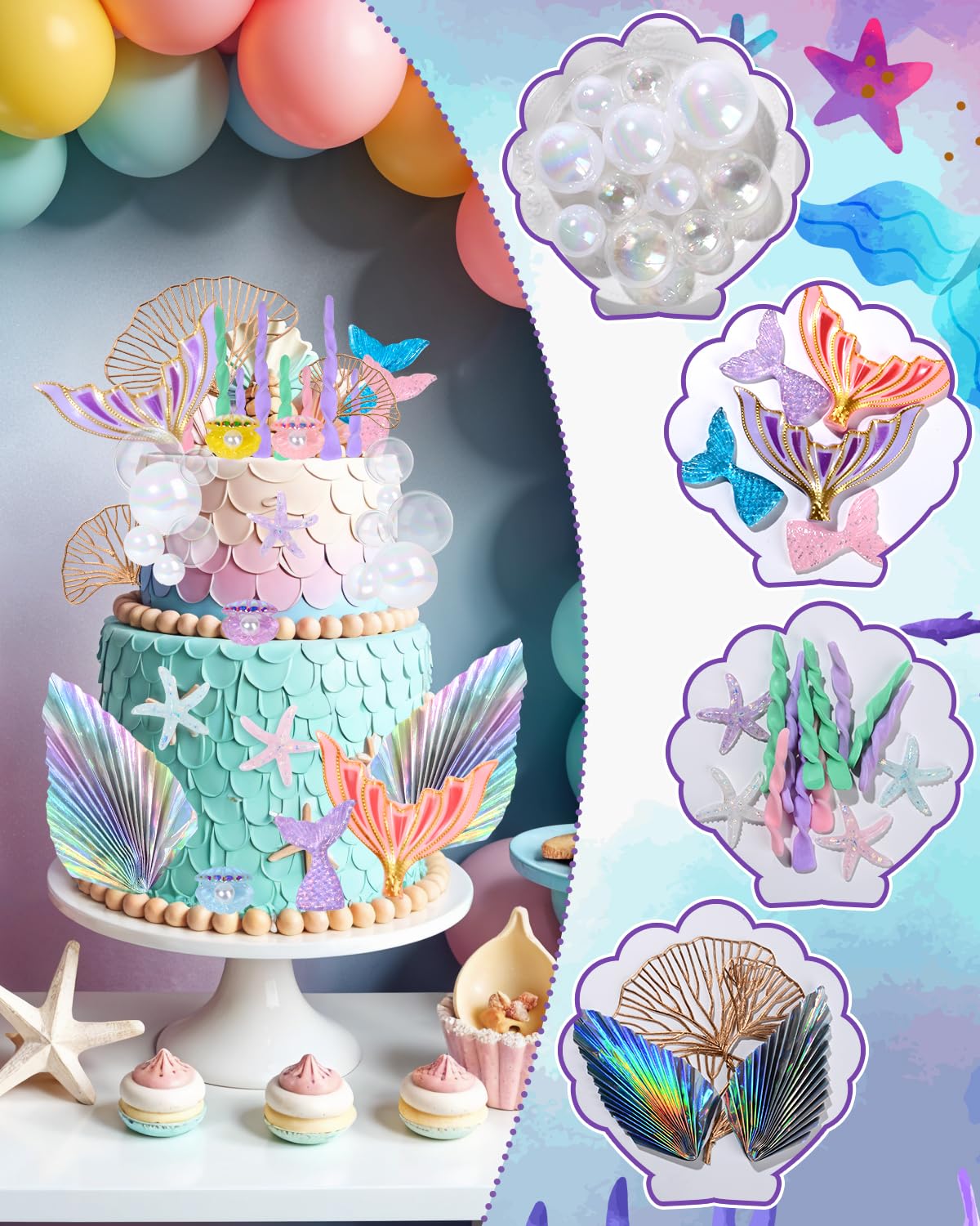Glavatrix Mermaid Cake Toppers, 40-Piece Under the Sea Cake Decor Set, Seaweed, Bubbles, Tails, Starfish, Shells, Origami, Golden Ginkgo Leaves, for Birthday Mermaid Theme Party Supplies