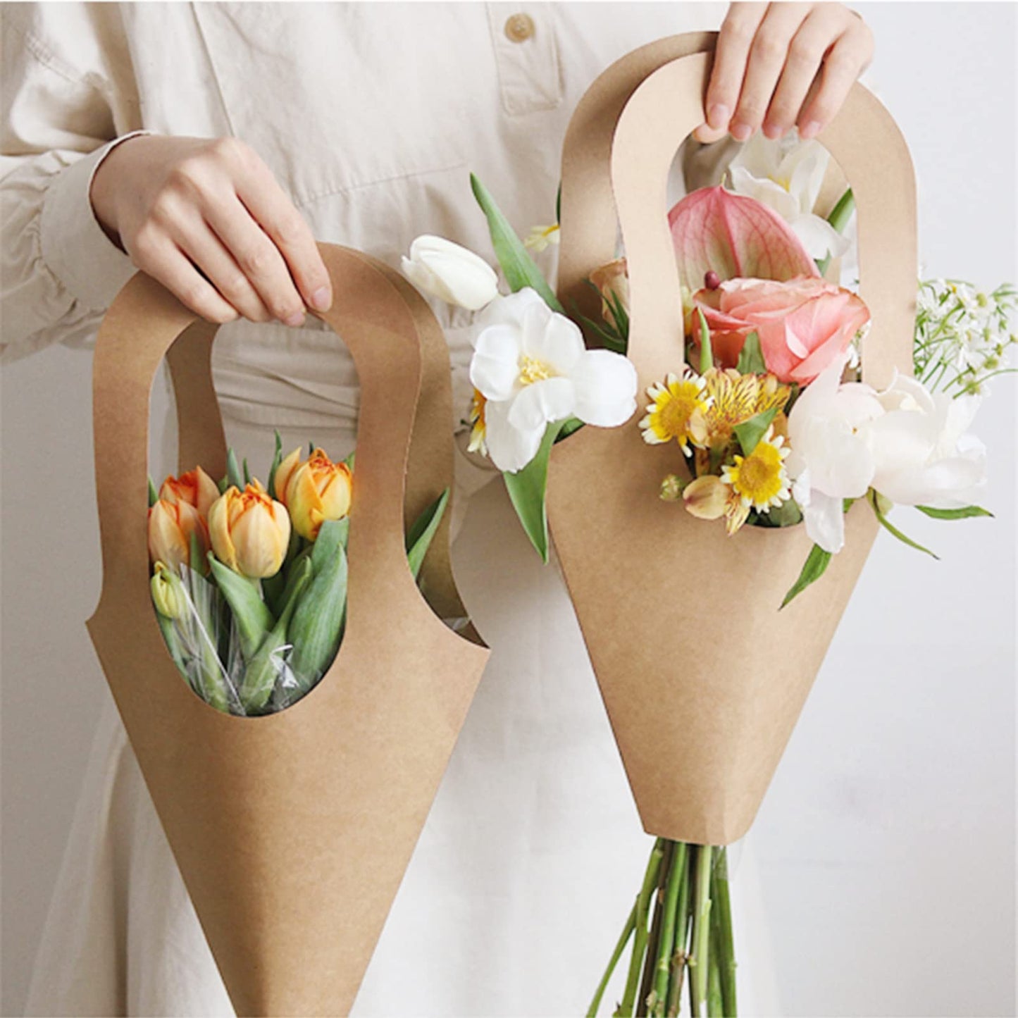 LONG XIN SERIES 20Pcs Kraft Paper Flower Gift Bags with Handles Flower Bouquet Holders for Mother's Day Easter Wedding Favors Birthday Presents Home Decor
