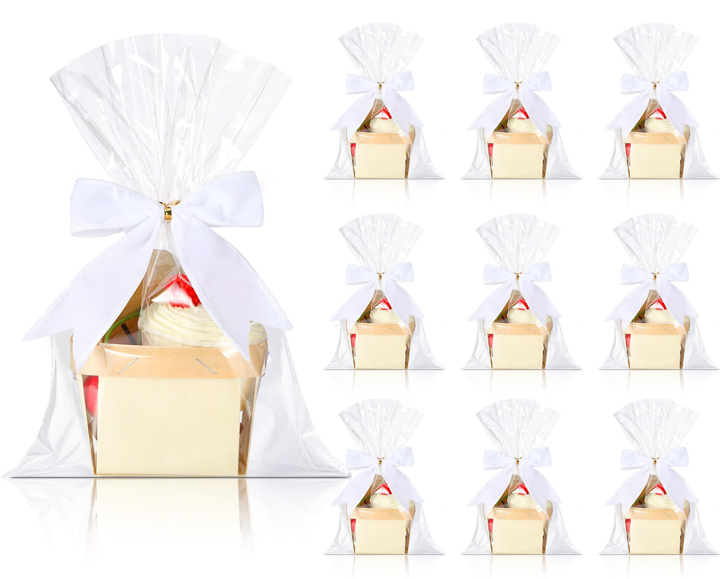 Yerliker 10 Set Wooden Mini Baskets for Gifts Bulk Empty Small Baskets Berry Basket Bows Clear Treat Bags for DIY Picking Wedding Birthday Baby Shower(4 Inches,Velvet,White)