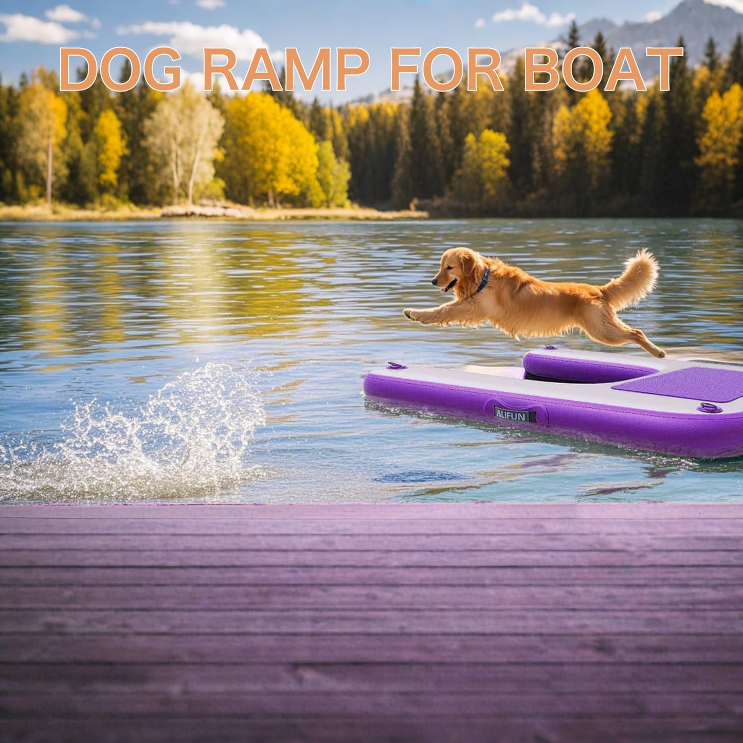 ALIFUN Inflatable Dog Ramp For Boat, Large Dog Water Ramp with Manual Pump, Non-Slip EVA Durable Floating Dock Ladder Up to 90 LBs, Pup Plank for Swimming Pool, Boat, Lake & Ocean (55"L x 39"W x 4"H)