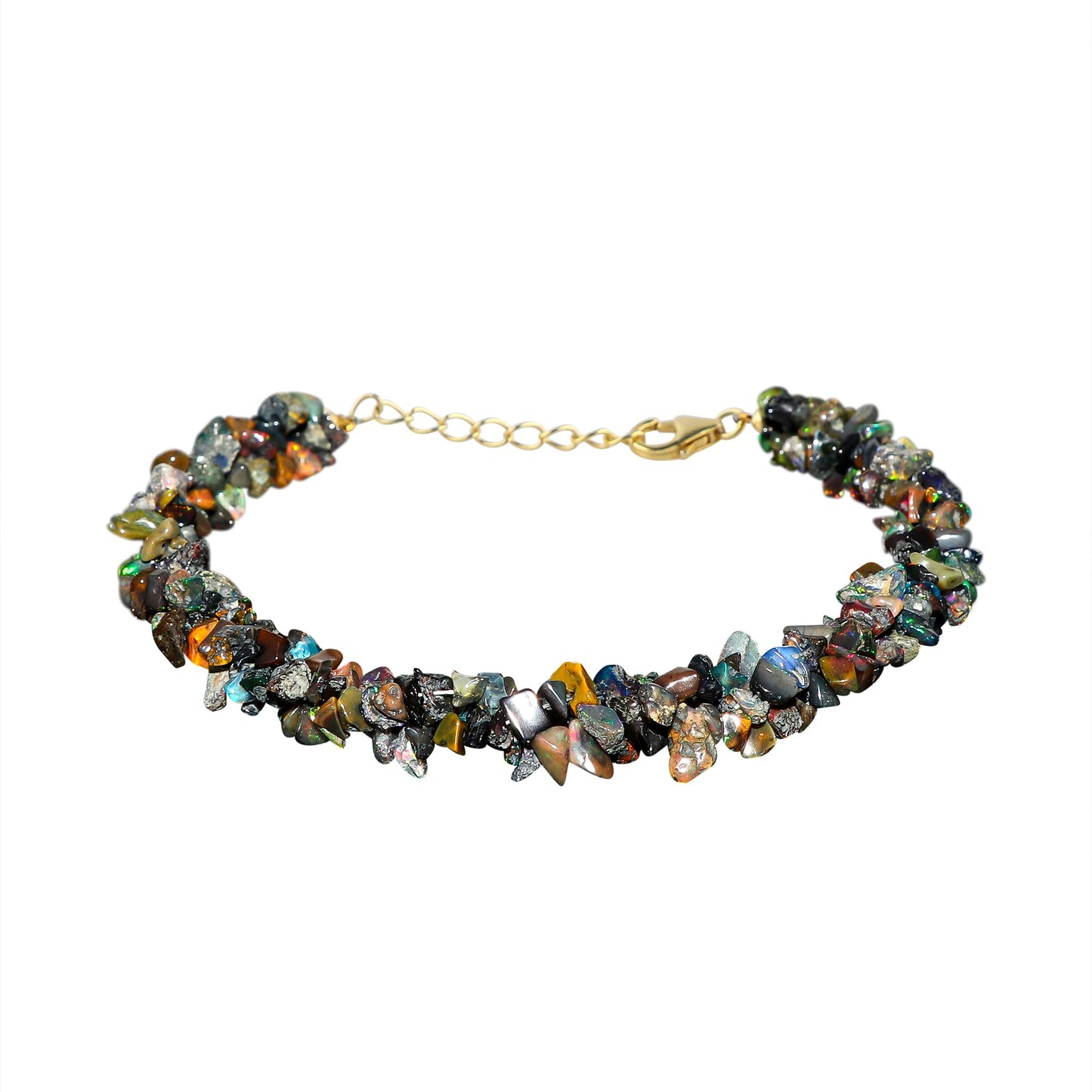CRYSTALIS Natural Black-Opal Beads Braided Rope Bracelet, Chips Nuggets Beaded Gemstones, Chakra Healing Stones, Womens Jewelry, 14K Gold Plated 925 Sterling Silver Bracelet 8 inch