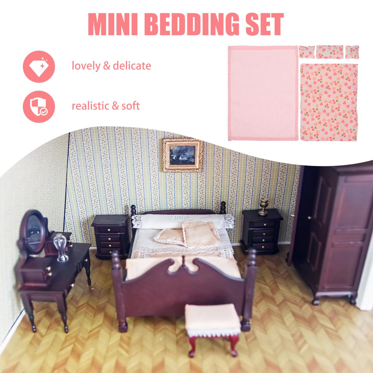 ibasenice Doll House Bedding Set - 1:12 Scale Miniature Bed Sheet, Quilt, and Pillows Kit - Soft Fabric Bedroom Accessories for 12-Inch Dollhouse Furniture Decor - Pink Heart Design
