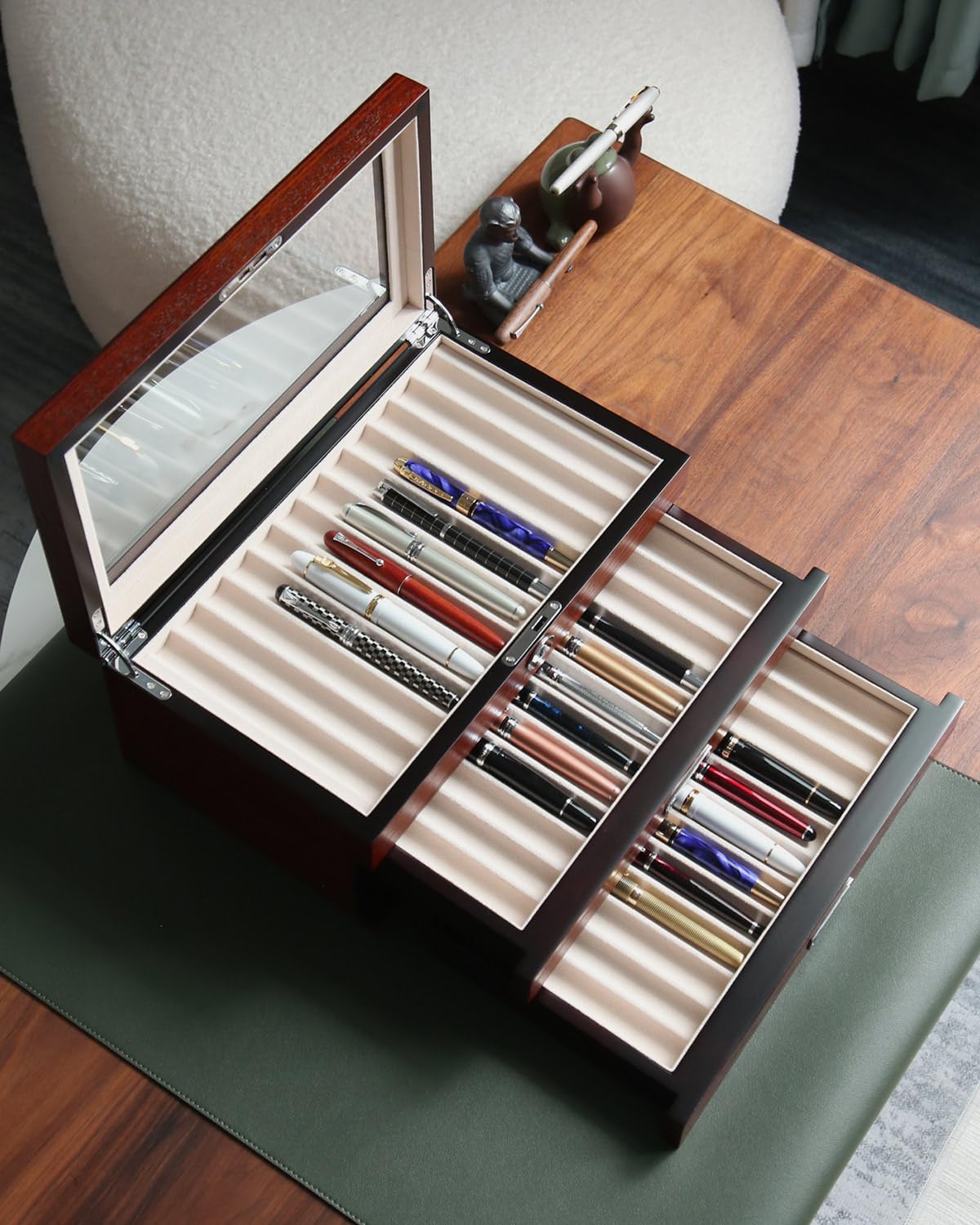 Bonaking Pen Display Case with 36 Pen Slots, Fountain Pen Case, Wood Pen Storage Organizer, Pen Box Display for Men Gift, Pen Collector with Glass Window(Brown ash Veneer Finish, Creamy-White Velvet)