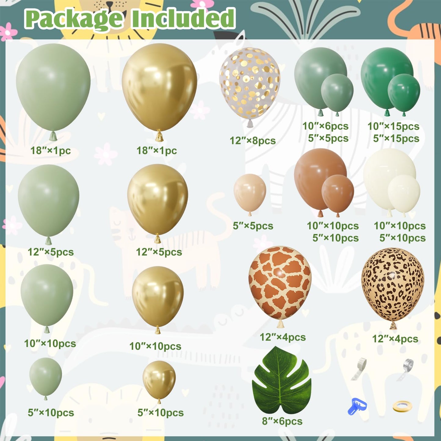 170Pcs Jungle Safari Balloons Arch Garland Kit, Sage Green Brown Animal Print Balloons Palm Leaves Wild One Safari Baby Shower Decorations for Boys Tropical Woodland Birthday Party Supplies
