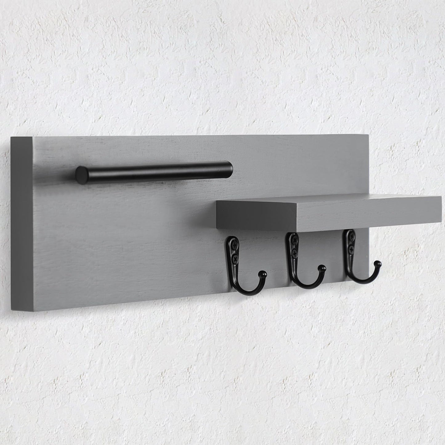 Lucundm Key Holder for Wall, Decorative Entryway Shelf with Hooks Holds Keys, Dog Leash, Sunglasses – Key Hanger with 3 Hooks Organizes, Enhances Home Decor (15” x 4.5” x 2.6”) (Grey)