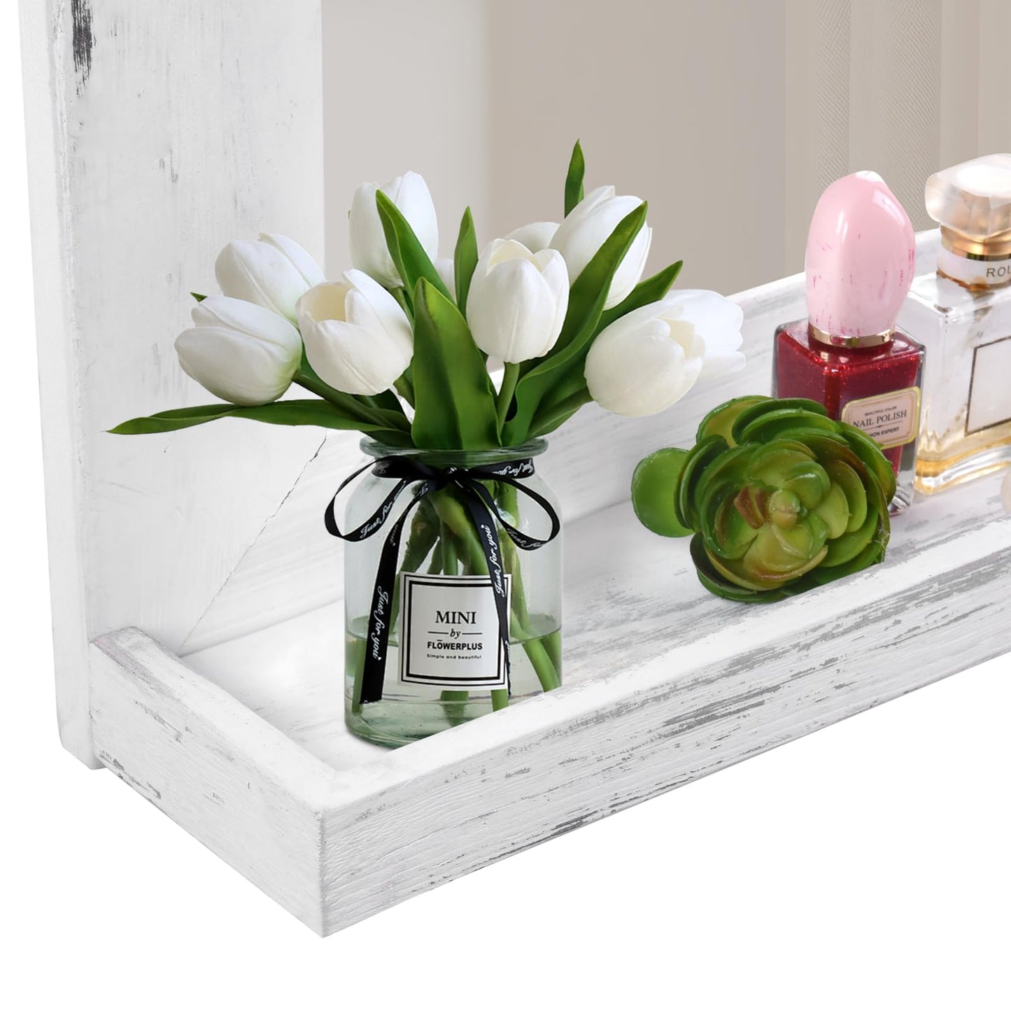 QDSSDECO 16"×20" Wall Mirror with Shelf Farmhouse Decor Rectangular Mirror Hanging for Bathroom, Vanity, Bedroom, Entryway, Living Room,White with Hemp Rope