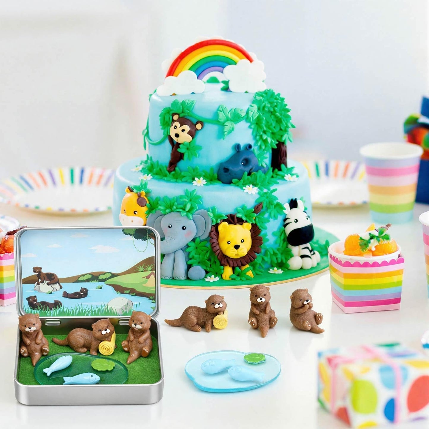 Lewtemi 6 Set Pocket Otter DIY Miniature Landscape Kit 3 Cute Otter Figurines Portable Tin Box Travel Companion Ideal Gift for Animals Lovers Friends Coworkers Nature Fans Desk Decor