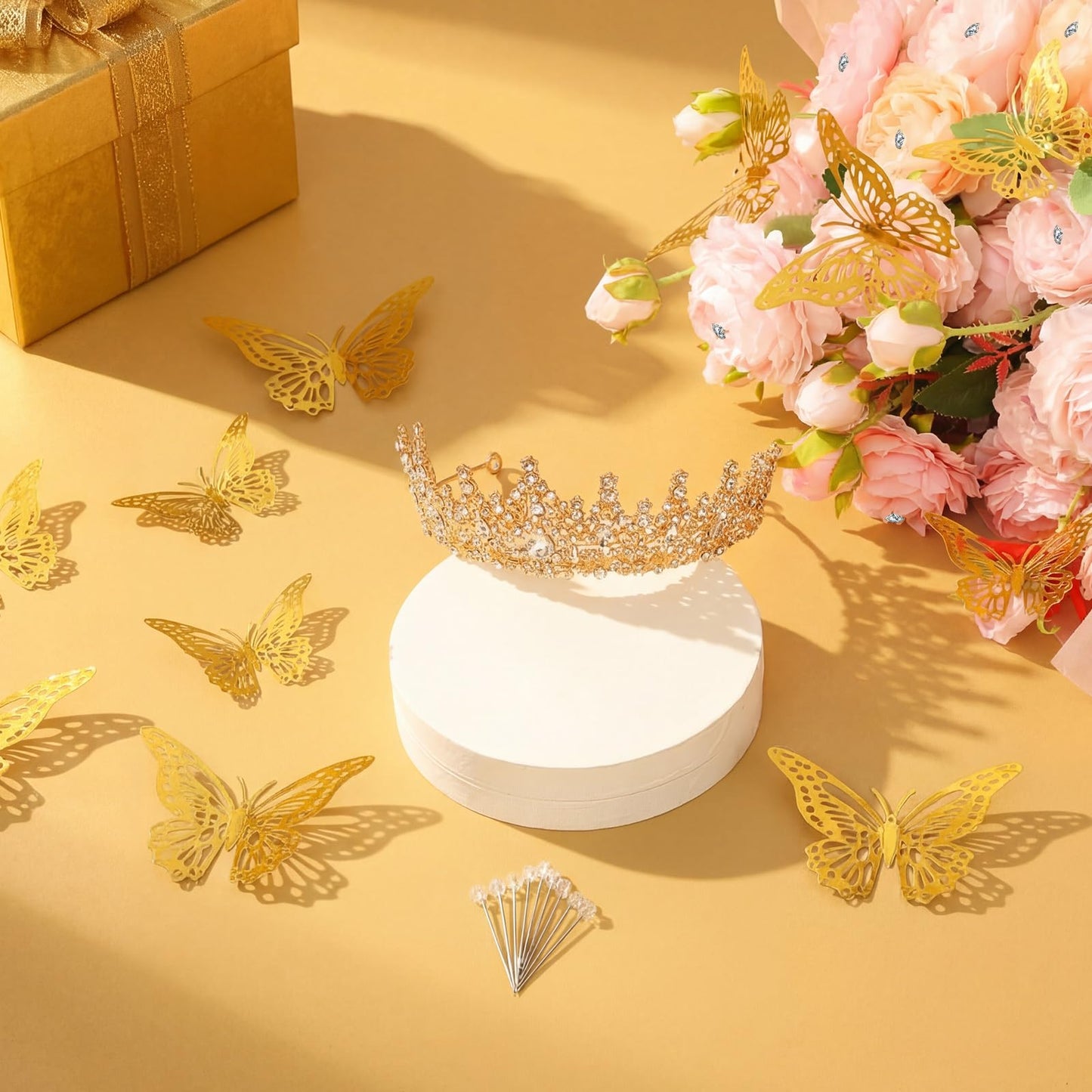 Tondiamo 63 Pcs Flower Bouquet Accessories Include 6.1 x 2.8 Inch Crystal Queen Crown Tiara for Women Bouquet Pins and Butterflies Decor for Flower Arrangements Cake Topper Wedding Birthday(Gold)