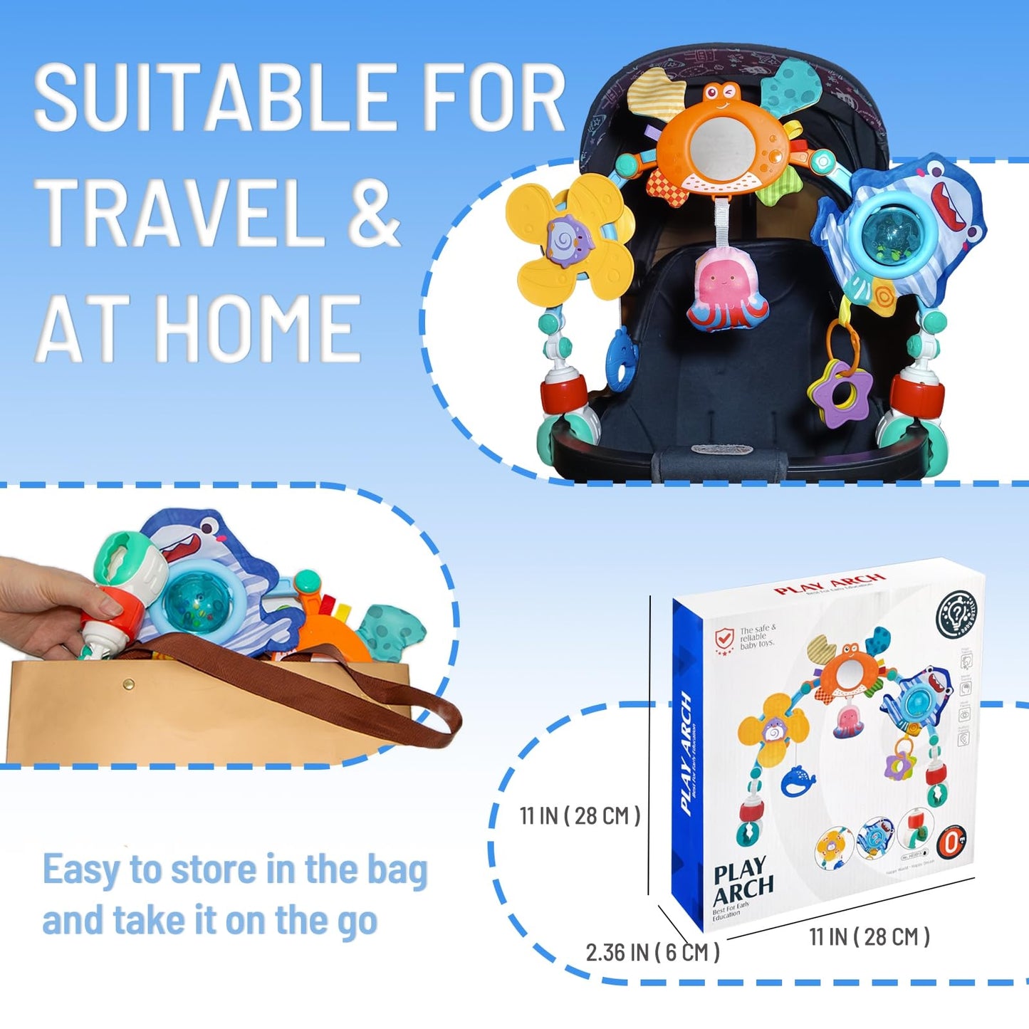 UTOPLIKEY Adjustable Baby Stroller Arch Toy, Car Seat Toys for Infants 6-12 Months Bassinet Hanging Toy Bar Attachment with Mirror & Sound, Crib Comfort Gift for Birthday, Baby Shower
