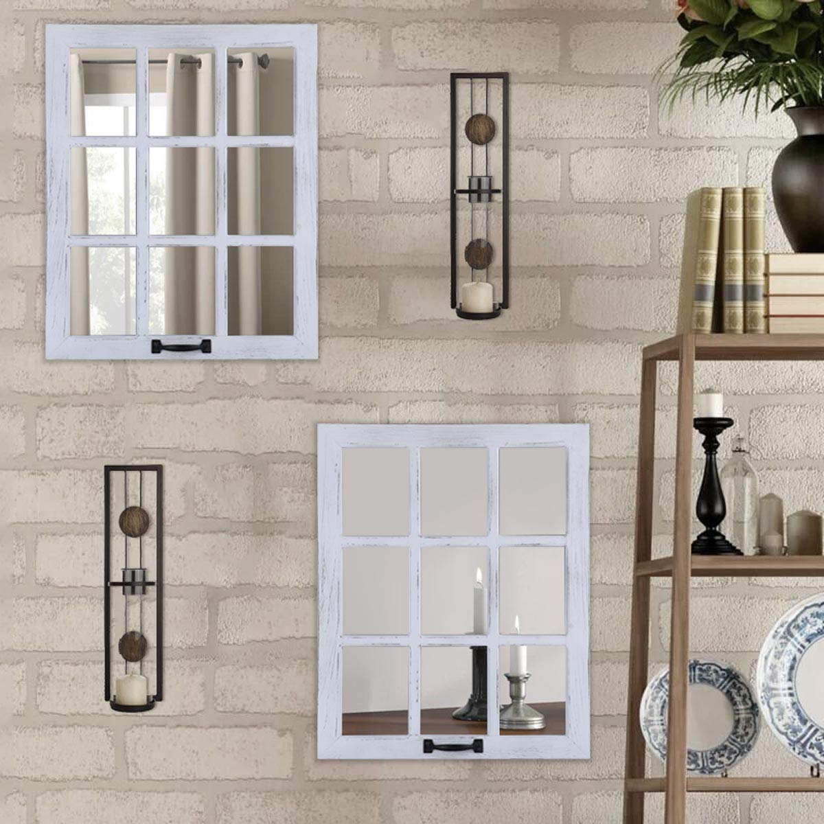 LOSOUR Decorative Wall Mirror-Distressed Wood Windowpane Mirror- Farmhouse Mirrors for Wall with Hanging Hardware for Bedroom Living Room Bathroom Kitchen (１, 18Wx23L)