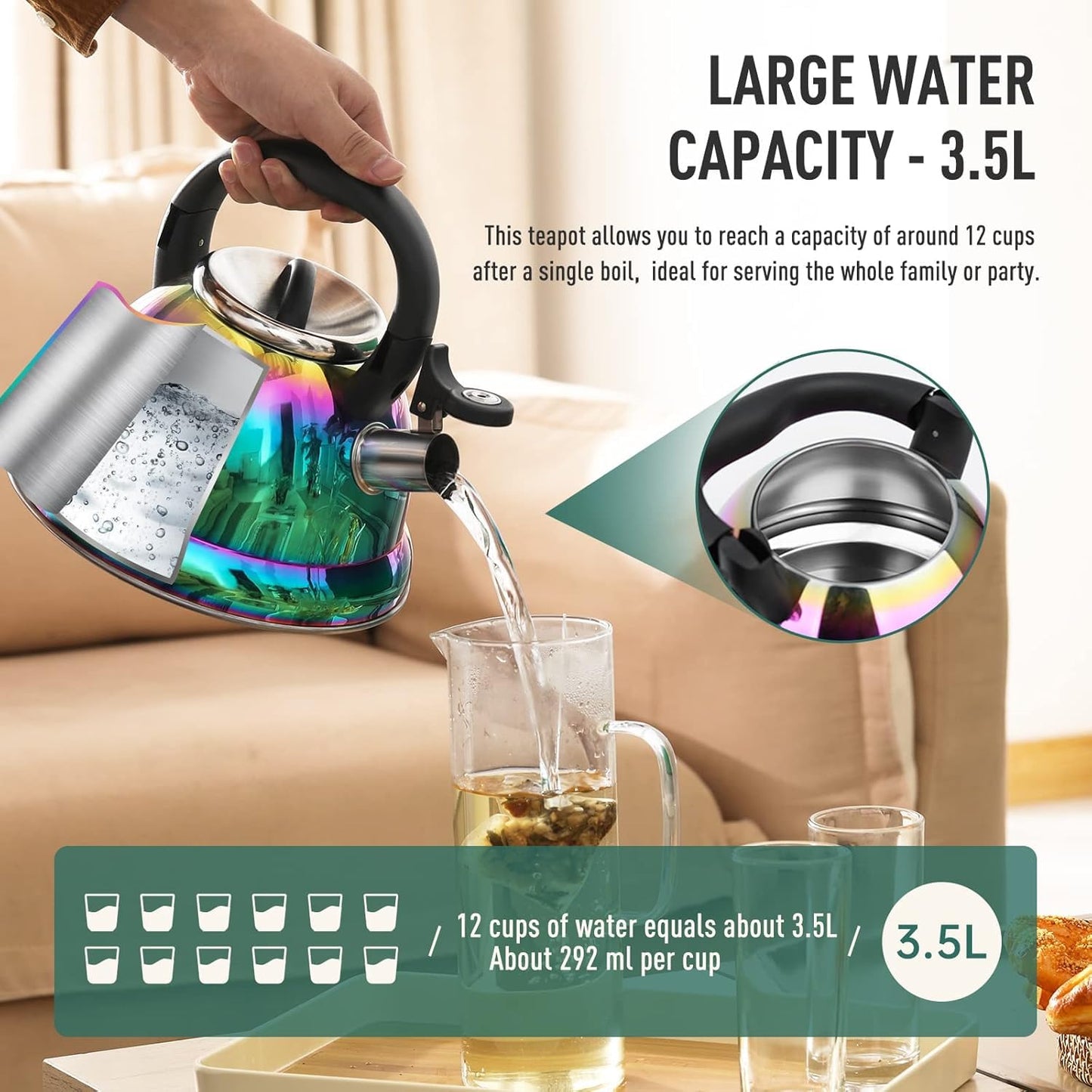 Weftnom Tea Kettle, Kettle 3.7QT, Tea Pot Whistling 316 Stainless Steel, Tea Kettle Stovetop with Cool Folding Handle, Kettle Teapot Rainbow Induction for Boiling Water, Mirror Finish