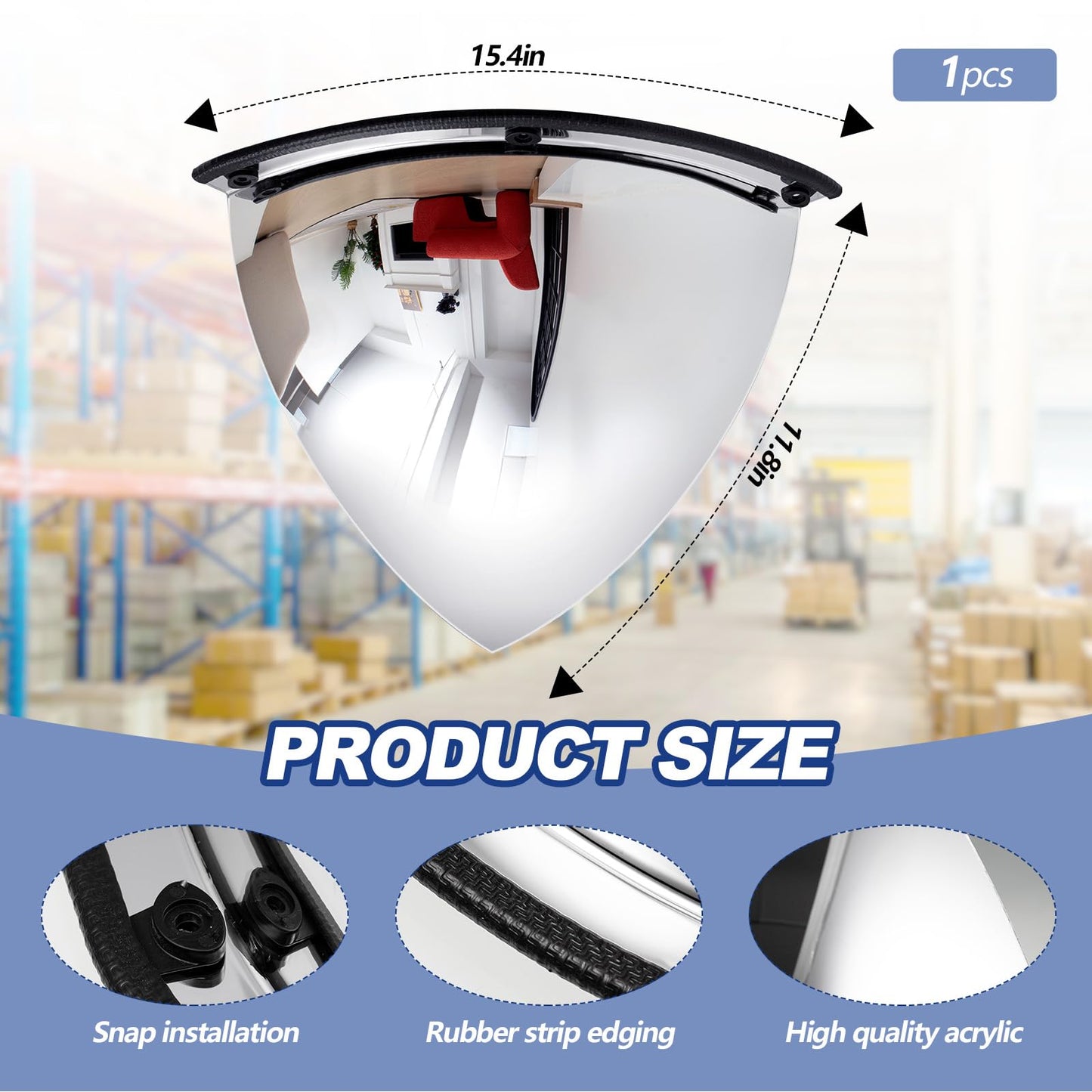 Suzile 1 Pieces 18 Inch Acrylic Quarter Dome Mirror Convex Corner Safety Mirror High Viewing Angle Blindspot for Wall Warehouses Offices Retail Stores Parking Garages