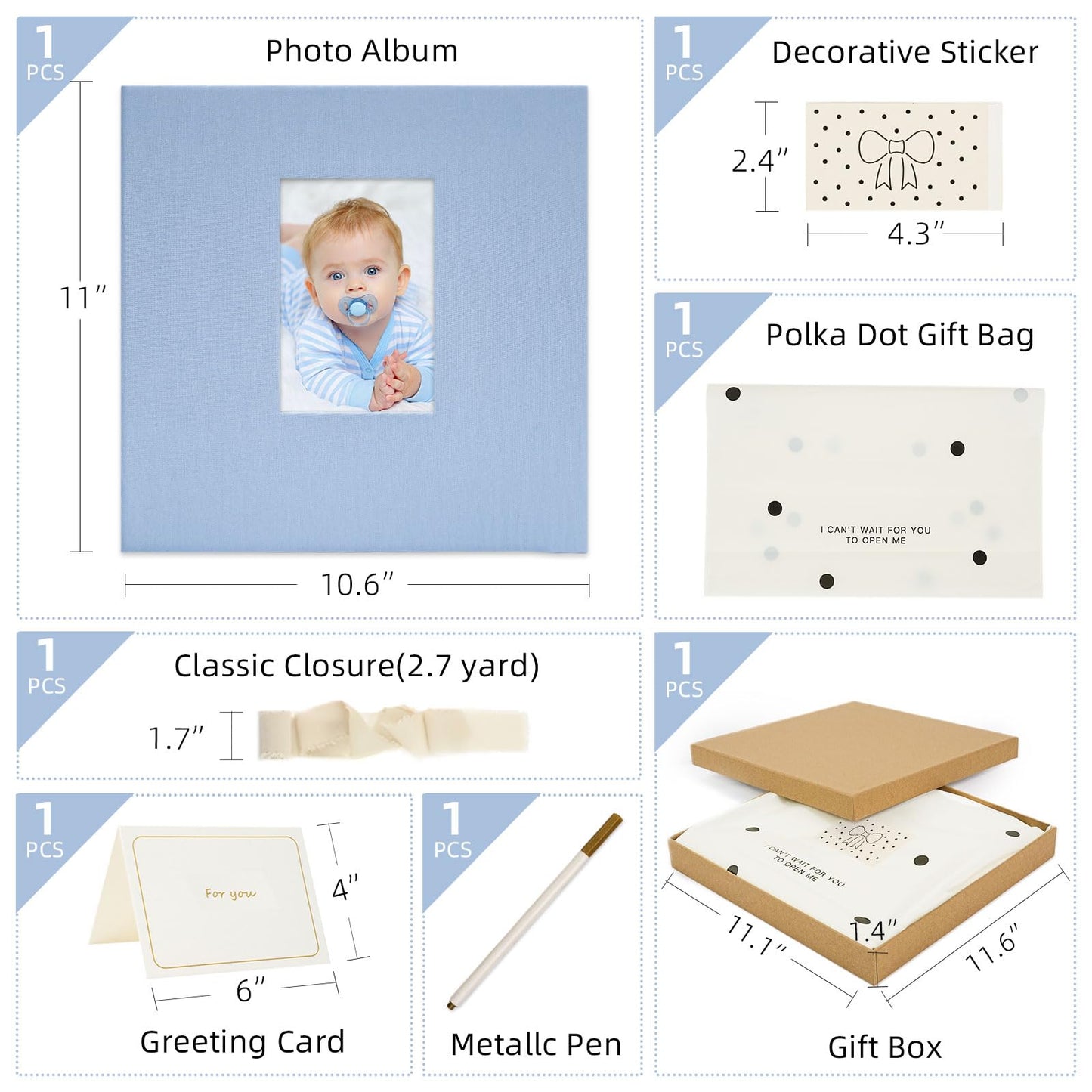 Vienrose Self Adhesive Photo Album Gift Set, Linen Cover Scrapbook with DIY Window, Holds 4x6 5x7 8x10 Photos, 30 Sheets 60 Pages for Family Wedding Baby, Includes Pen, Card, Lace Strap, Blue