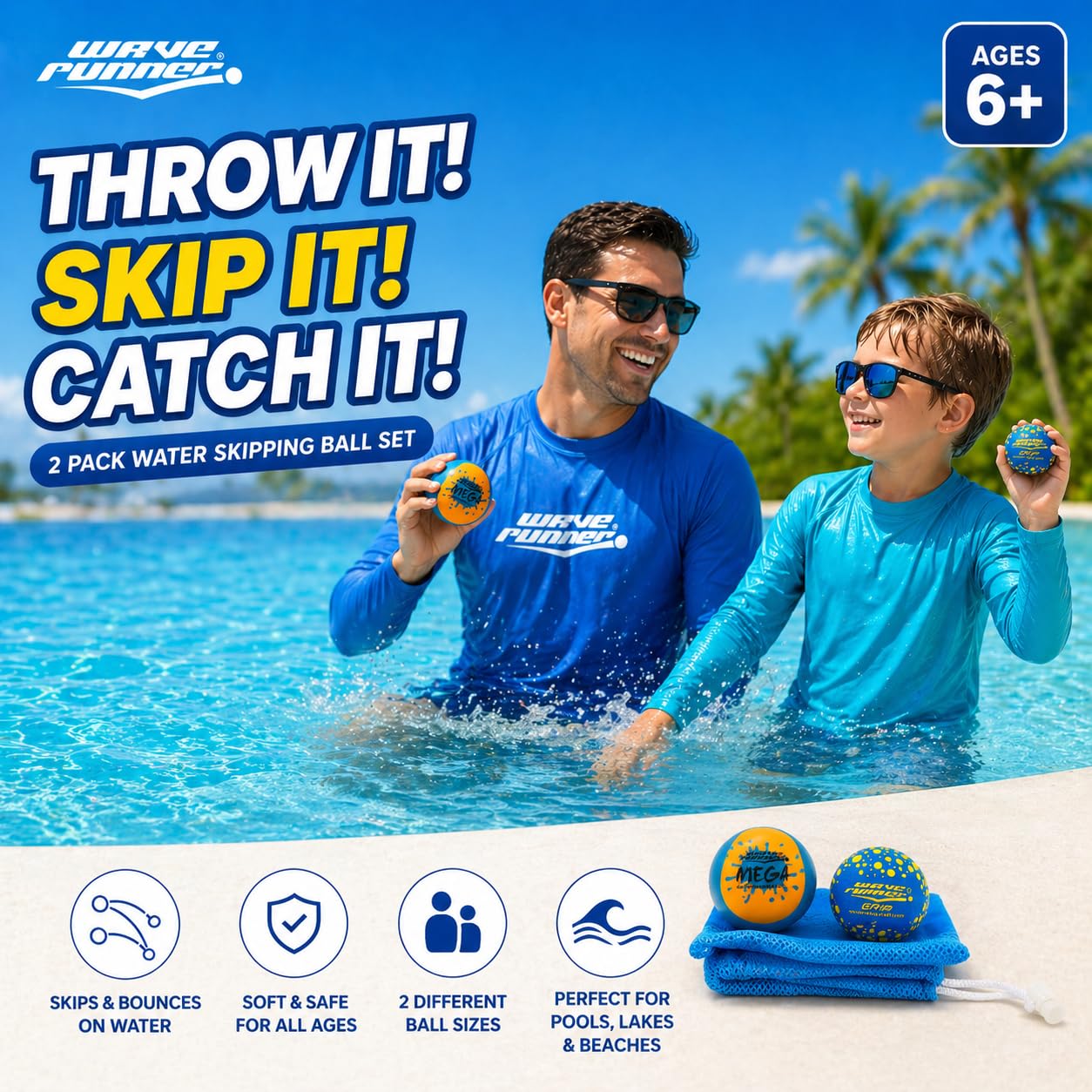 Wave Runner Water Skipping Balls 2 Pack, Soft Foam Pool Balls for Kids & Adults, Bounce Across Water, Floating Beach Toys with Mesh Bag, Summer Pool Toys for Family Vacation, Ages 6+