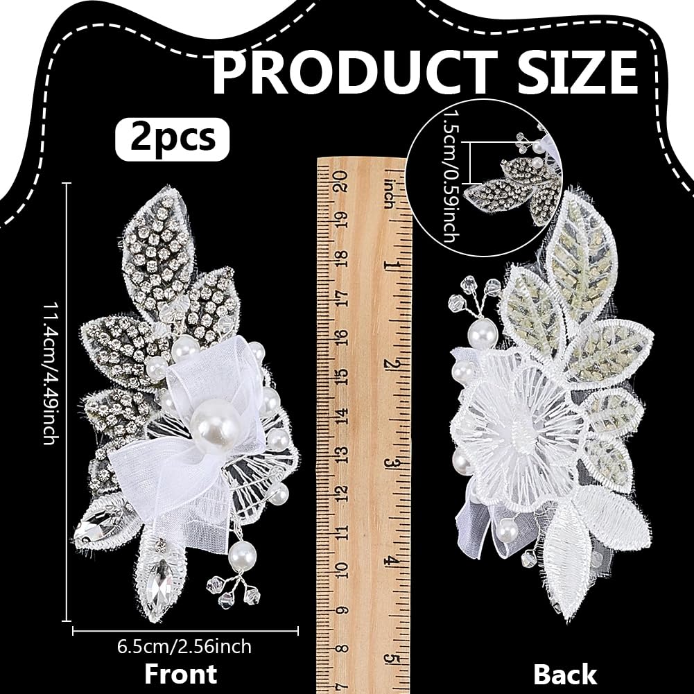 FINGERINSPIRE 1 Pair 4.4x2.5x0.5inch White Pearl Beaded Applique Rhinestone Flower Patch DIY Crafts Wedding Dress Embellishment for Bridal Hair Comb Decoration White Floral Sew On Decoration