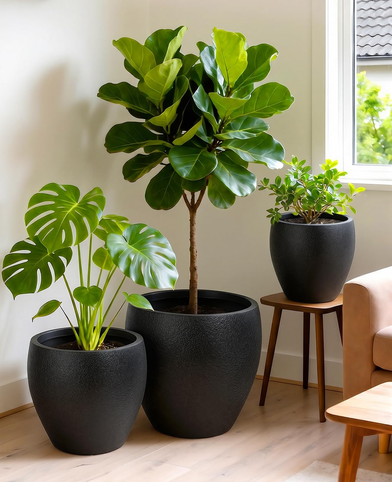 homenote Flower Pots 14.5/12/9.6 Inch,Large Plant Pots Indoor with Drainage,Plastic Pots for Plants,Garden Pots for Outdoor,Large Planters for Indoor Plants,Big Plastic Planter,Off-Black(3 Pcs)