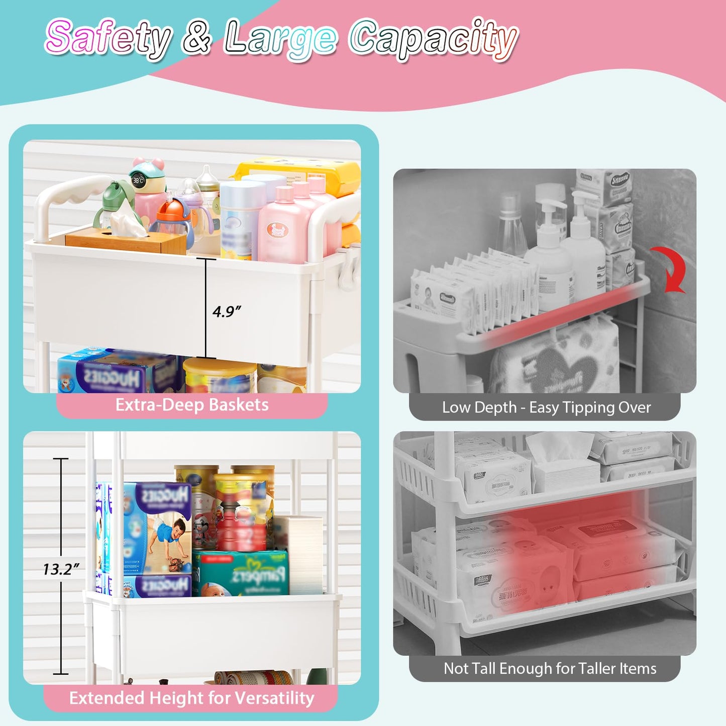 SUNALLY Baby Diaper Caddy Cart, 3 Tier Rolling Diaper Cart with Lockable Wheels for Nursery Essentials, Large Capacity & Easy Assemble Diaper Storage Organizer for Newborn,New Mom, White