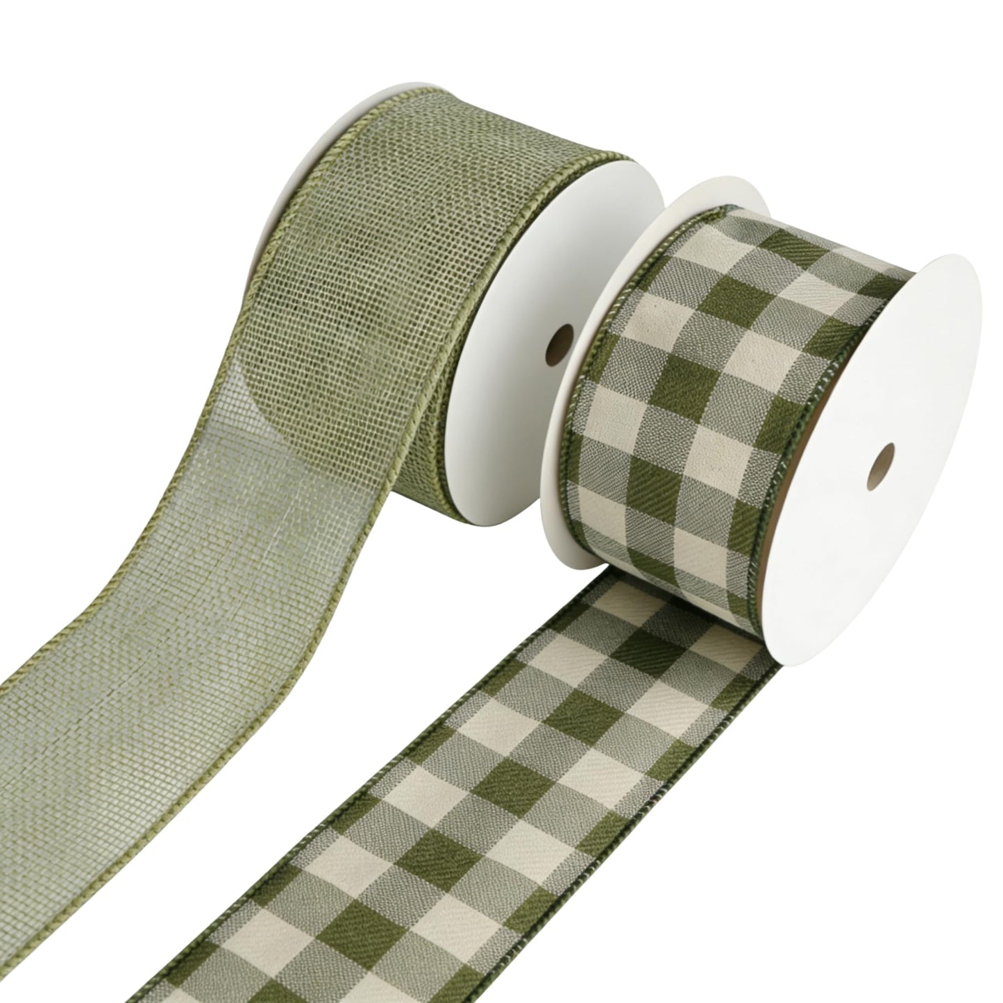 Meseey 2.5 Inch Green Burlap Wired Ribbon Set, 2 Rolls Total 10 Yards Solid Sage Green & Green White Buffalo Check Wired Edge Ribbons for Gift Wrapping, Wreaths, Crafts, Farmhouse Home Decorations