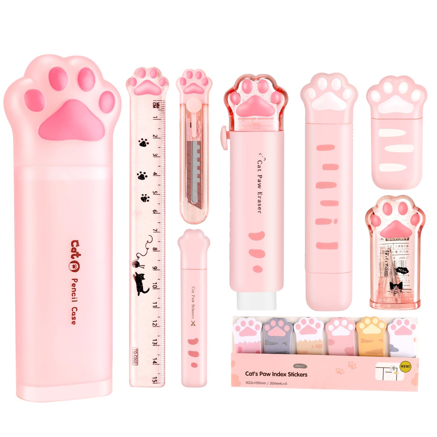 Cute School Supplies,Stationary Gift Set, Japanese Stationery Birthday GIFS, Includes Pencil Sharpener,Eraser, Correction Tape, Ruler, Mini Scissors,Utility Knife, for Office School Supplies (Pink)