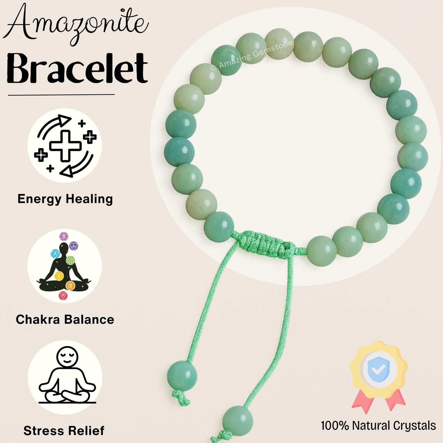 Amazing Gemstone Amazonite Bracelet for Women Men's Gifts - Protection Healing Crystal Bracelet - 8mm Gemstone Beaded Adjustable Bracelet Pulseras Para Hombres Mujer Stocking Stuffers